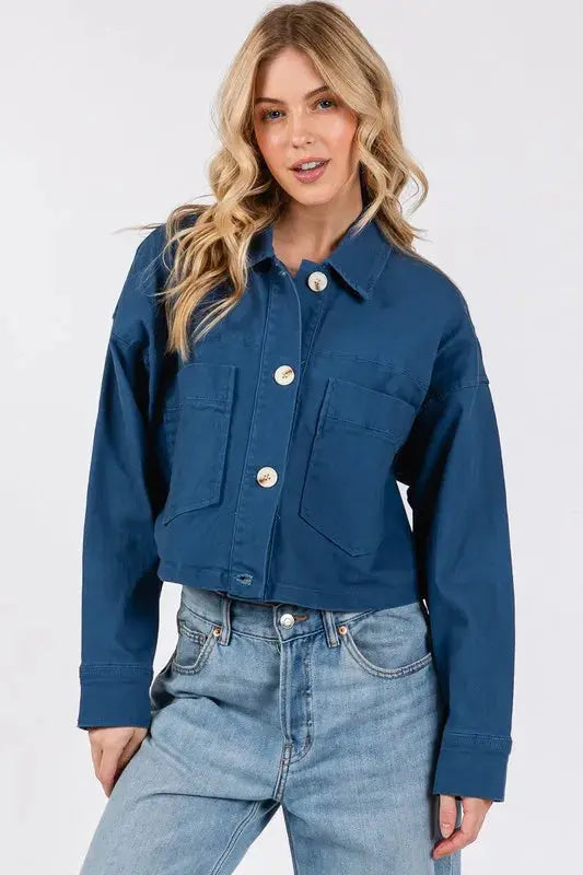 Trendsi Denim Cropped Jacket Women&amp;#39;s Casual Button Down with Pockets