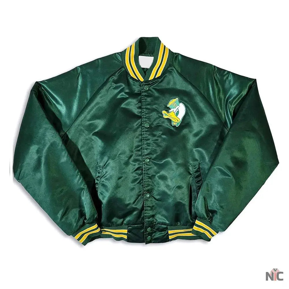 80s Oregon Ducks Green Bomber Satin Jacket