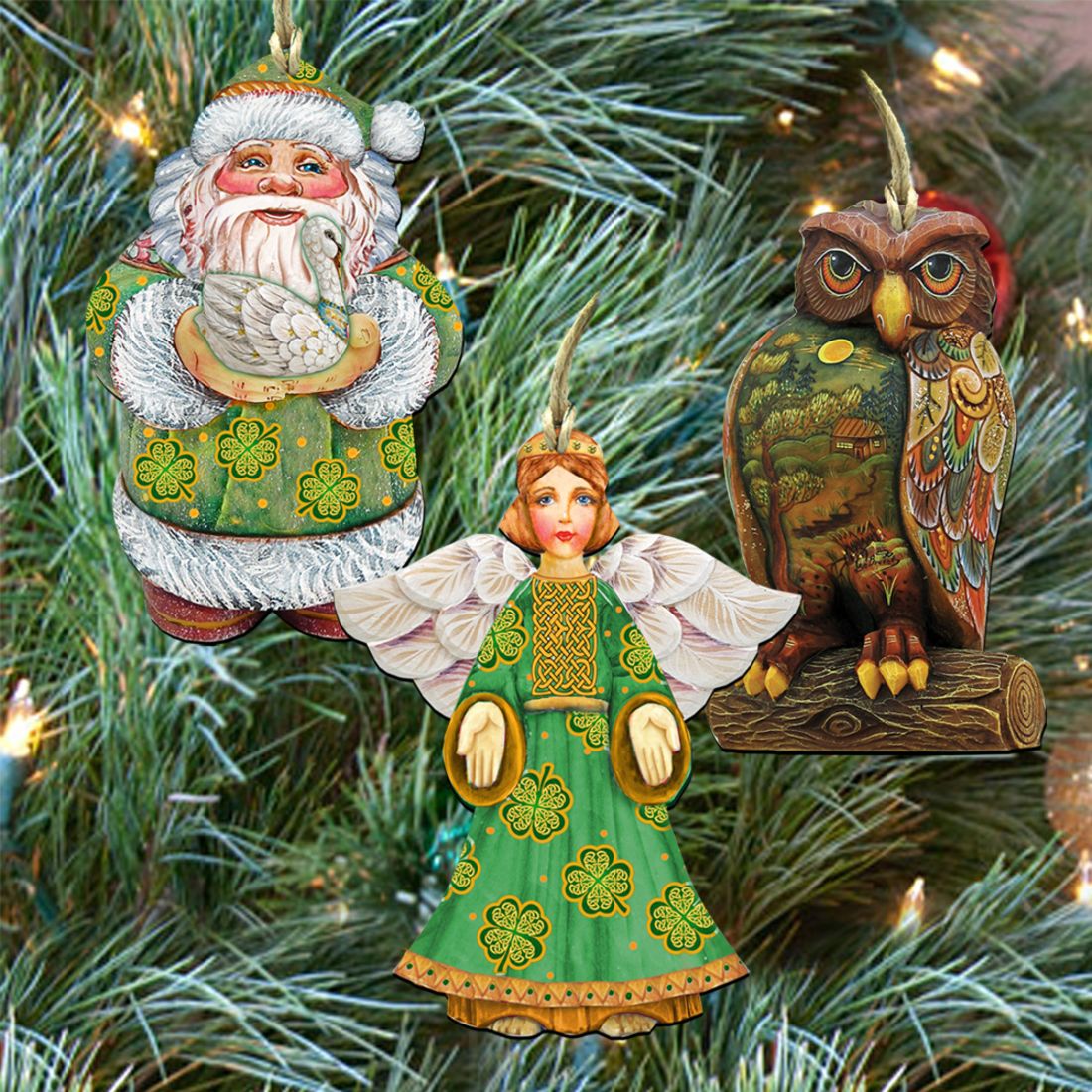 Irish Best Wishes Wooden Ornaments Set of 3 by G. DeBrekht - Christmas Santa Snowman Décor - 8100015S3