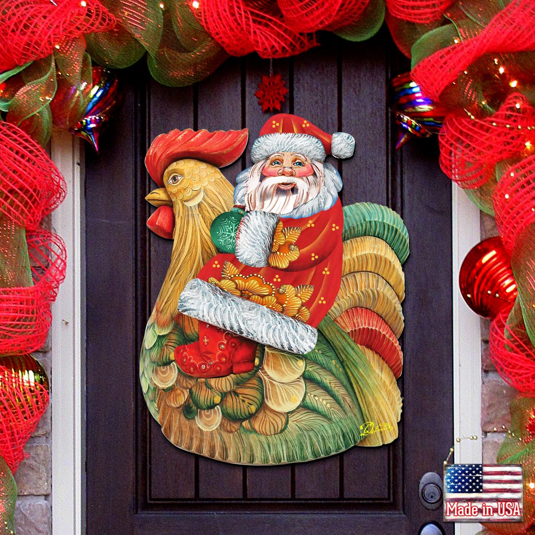 Santa Rooster Christmas Door Decor by G. DeBrekht - Christmas Santa Snowman Decor - 8111340H