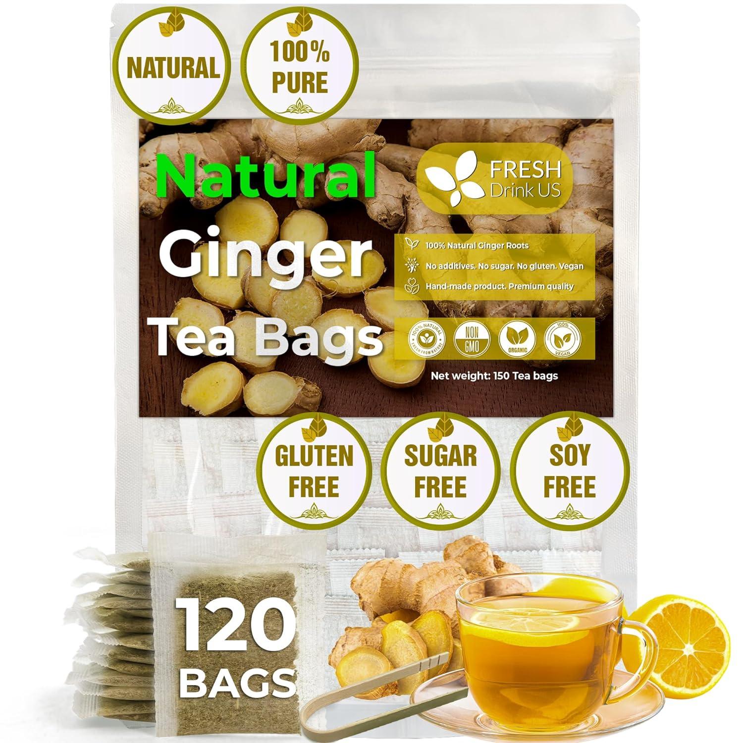 Premium Ginger Tea Bags, 100% Natural &amp;amp; Pure from Ginger Roots, Ginger Tea, Ginger Herbal Tea. Ginger Tea. No Sugar, No Caffeine, No Gluten, Vegan.