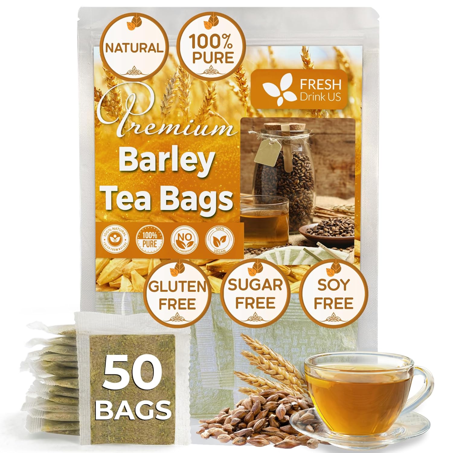 Premium Barley Tea Bags, 100% Natural &amp;amp; Pure from Barley. Loose Barey Herbal Tea. No Sugar, No Caffeine, No Gluten, Vegan.