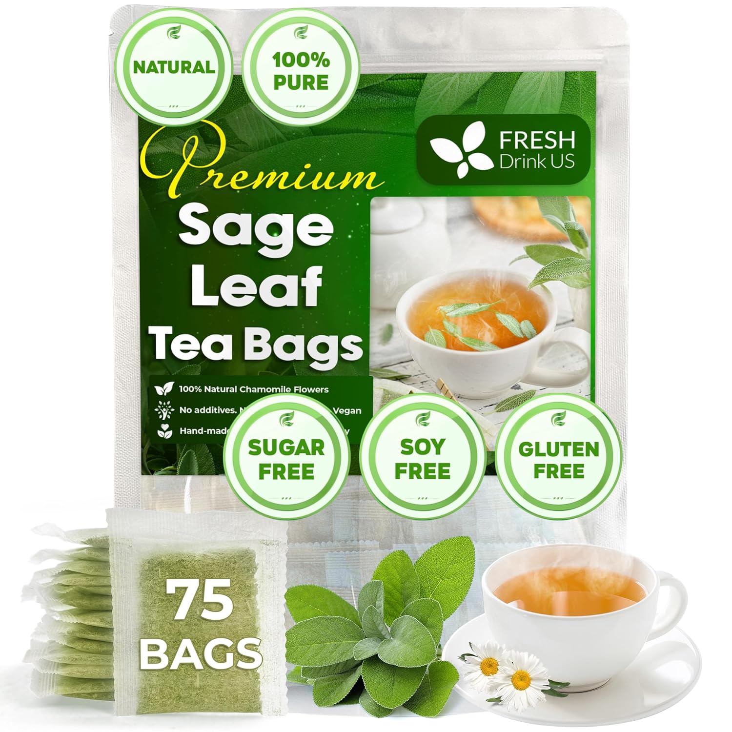Sage Leaf Tea Bags, 100% Natural &amp;amp; Pure from Sage Leaves. Loose Leaf Sage Herbal Tea. Sage Leaf Tea. Made with Natural Material Tea Bags. No Sugar, No Caffeine, No Gluten, Vegan.