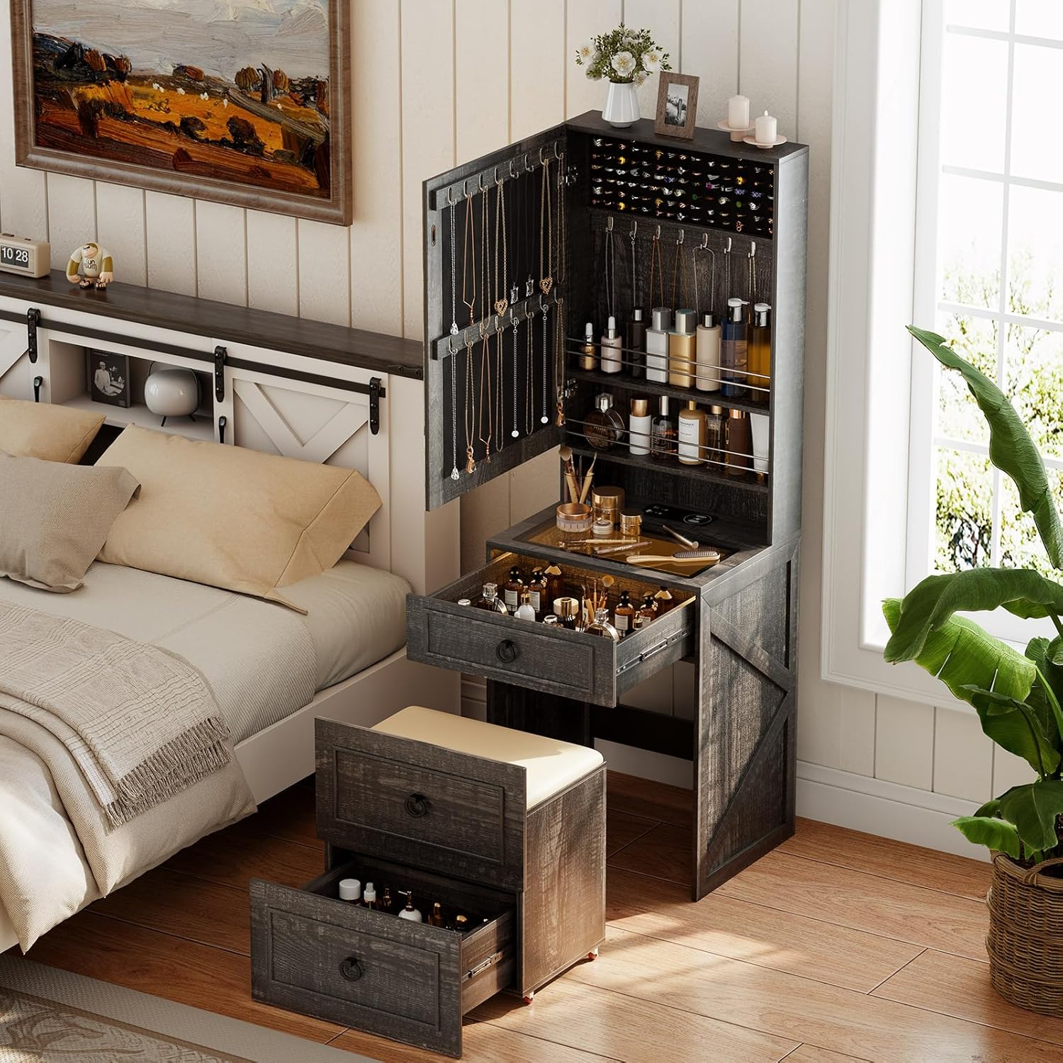 Makeup Vanity Desk with Mirror and Lights,Small Vanity Desk Set with Charging Station &amp;amp; Glass Top,Compact Dressing Table with Jewelry Cabinet &amp;amp; Storage Wheel Stool for Bedroom, Rustic Brown