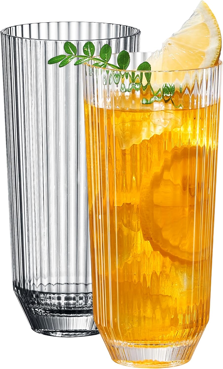 Khen Shatterproof Acrylic Ribbed Drinking Glasses Set, European Style, Dishwasher Safe, Tall | Set of 2 | Clear Tritan Drinkware, Unbreakable BPA-free Plastic, Reusable Stackable Glassware - 12OZ
