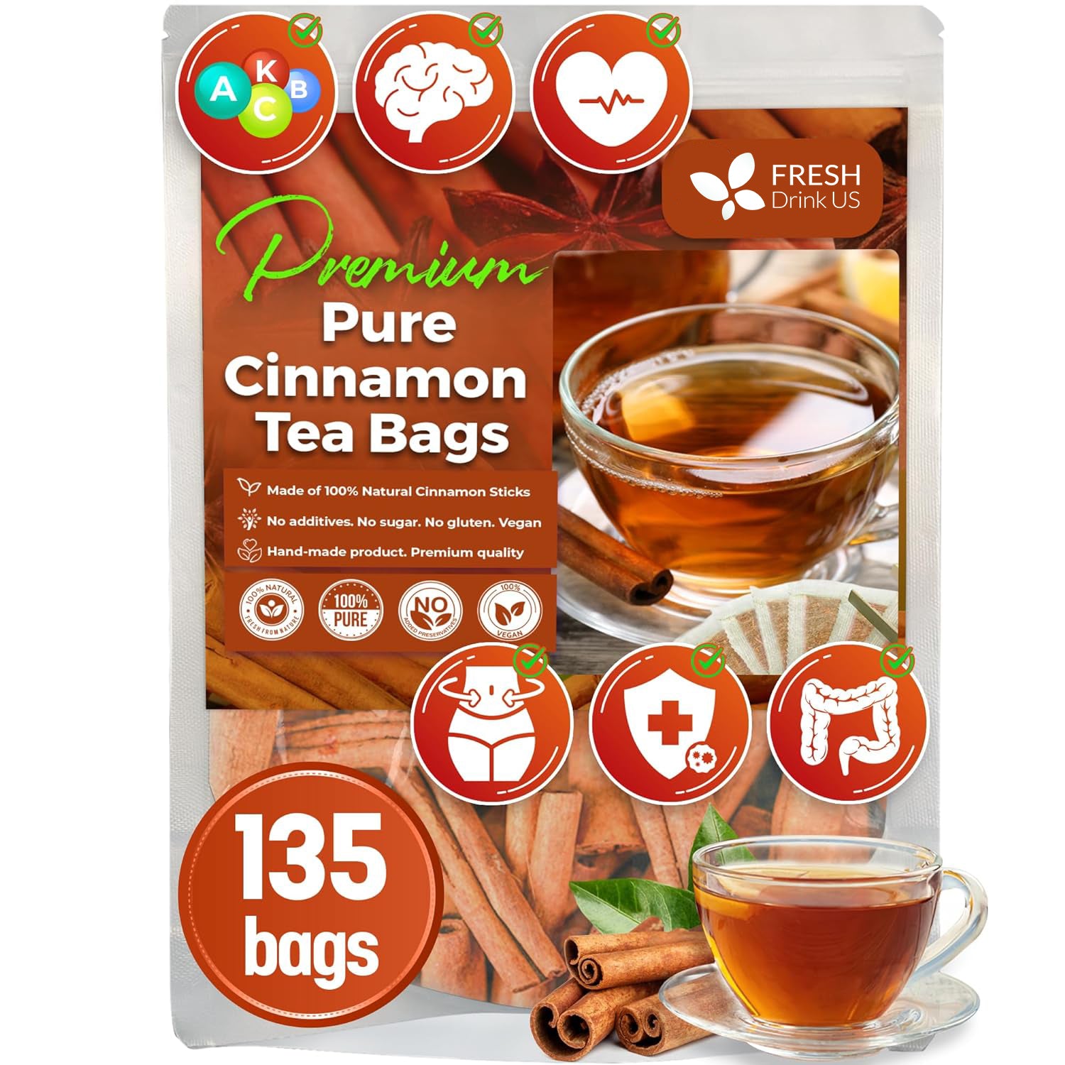 Pure Cinnamon Tea, 100% Natural &amp;amp; Pure Cinnamon. Cinnamon Herbal Tea. Cinnamon Stick Herbal Spice Tea. No Sugar, No Caffeine, No Gluten, Vegan.