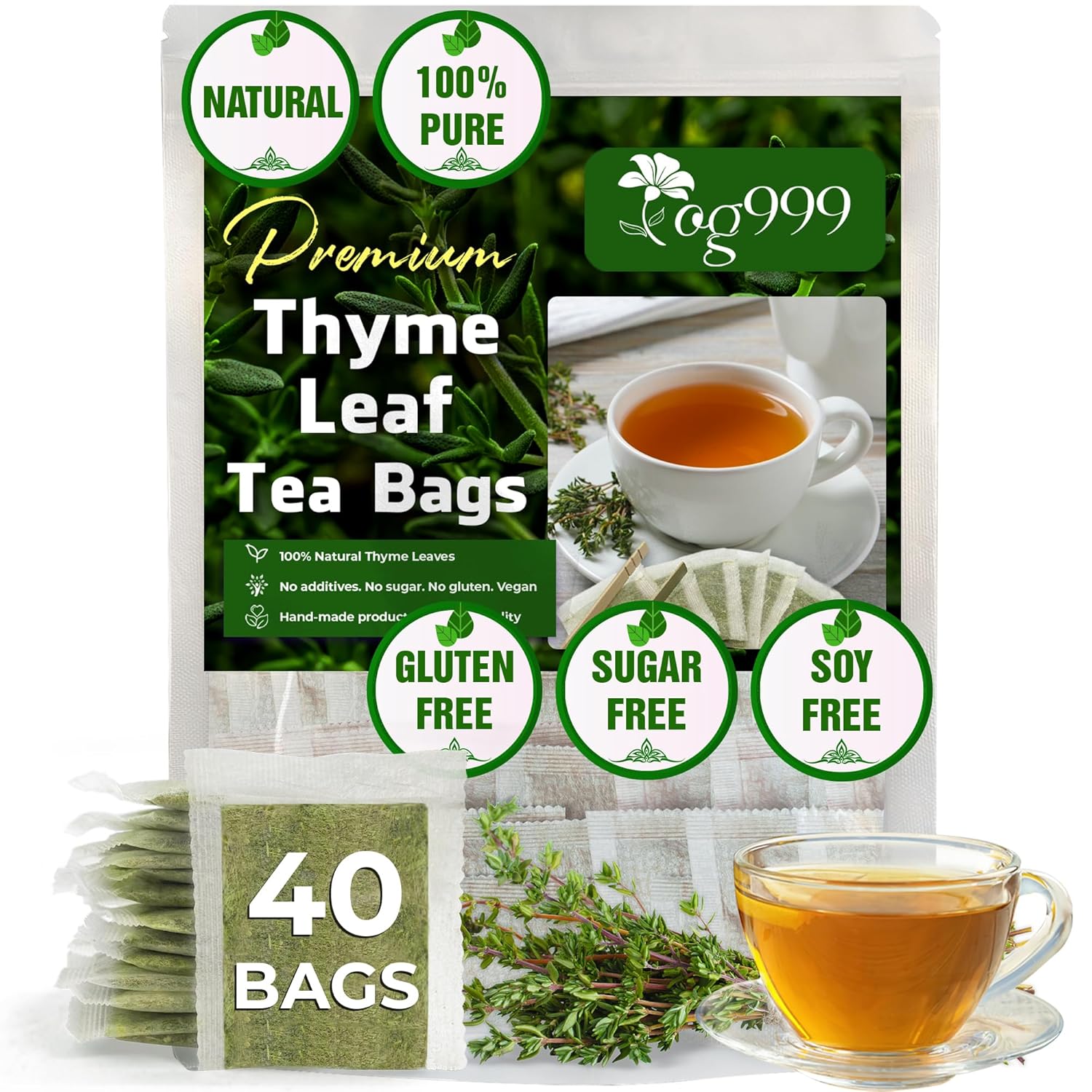Premium 40 Thyme Leaf Tea Bags, 100% Natural &amp;amp; Pure, Loose Leaf Herbal Tea.