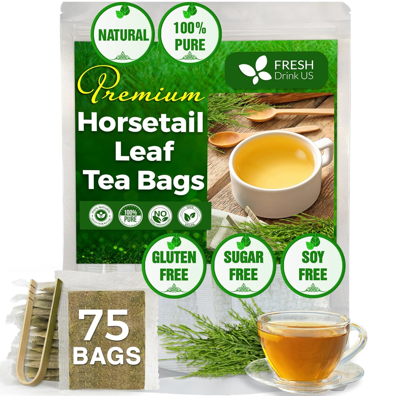Premium Horsetail Leaf Tea Bags, 100% Natural &amp;amp; Pure from Horsetail Loose Leaves Herbal Tea. No Sugar, No Caffeine, No Gluten, Vegan.