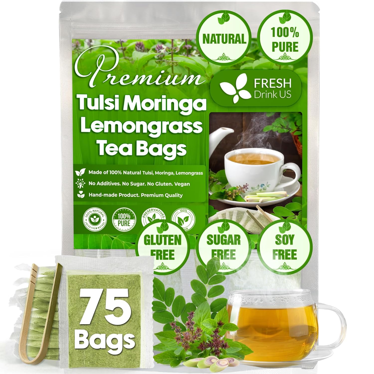 Premium Tulsi Moringa Lemongrass  Tea Bags, 100% Natural &amp;amp; Pure from Tulsi Holy Basil Leaves, Moringa &amp;amp; Lemongrass.