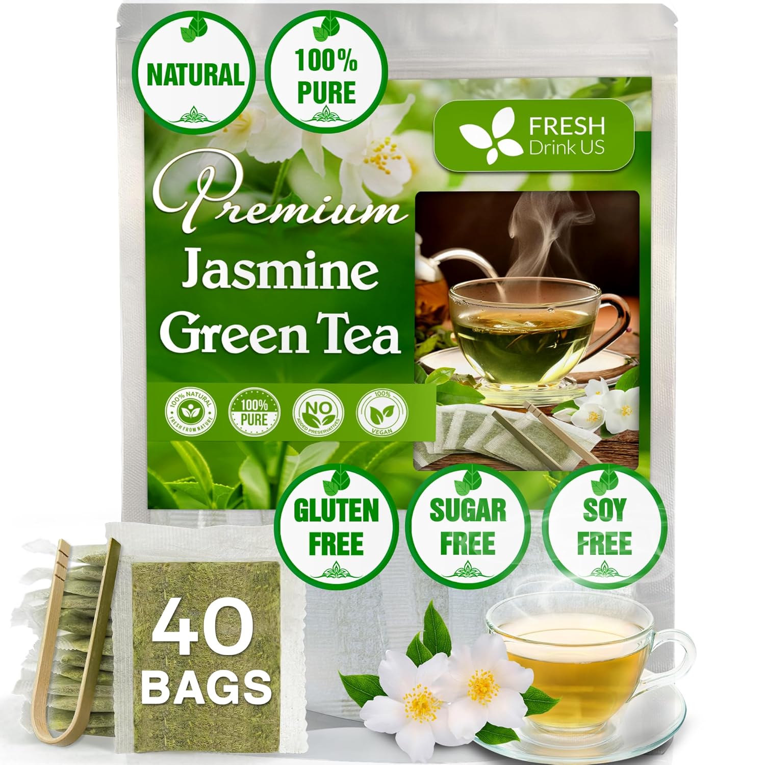 Premium Jasmine Green Tea Bags. Jasmine Green Herbal Tea. Made with Natural Material Tea Bags. No Sugar, No Gluten, Vegan.