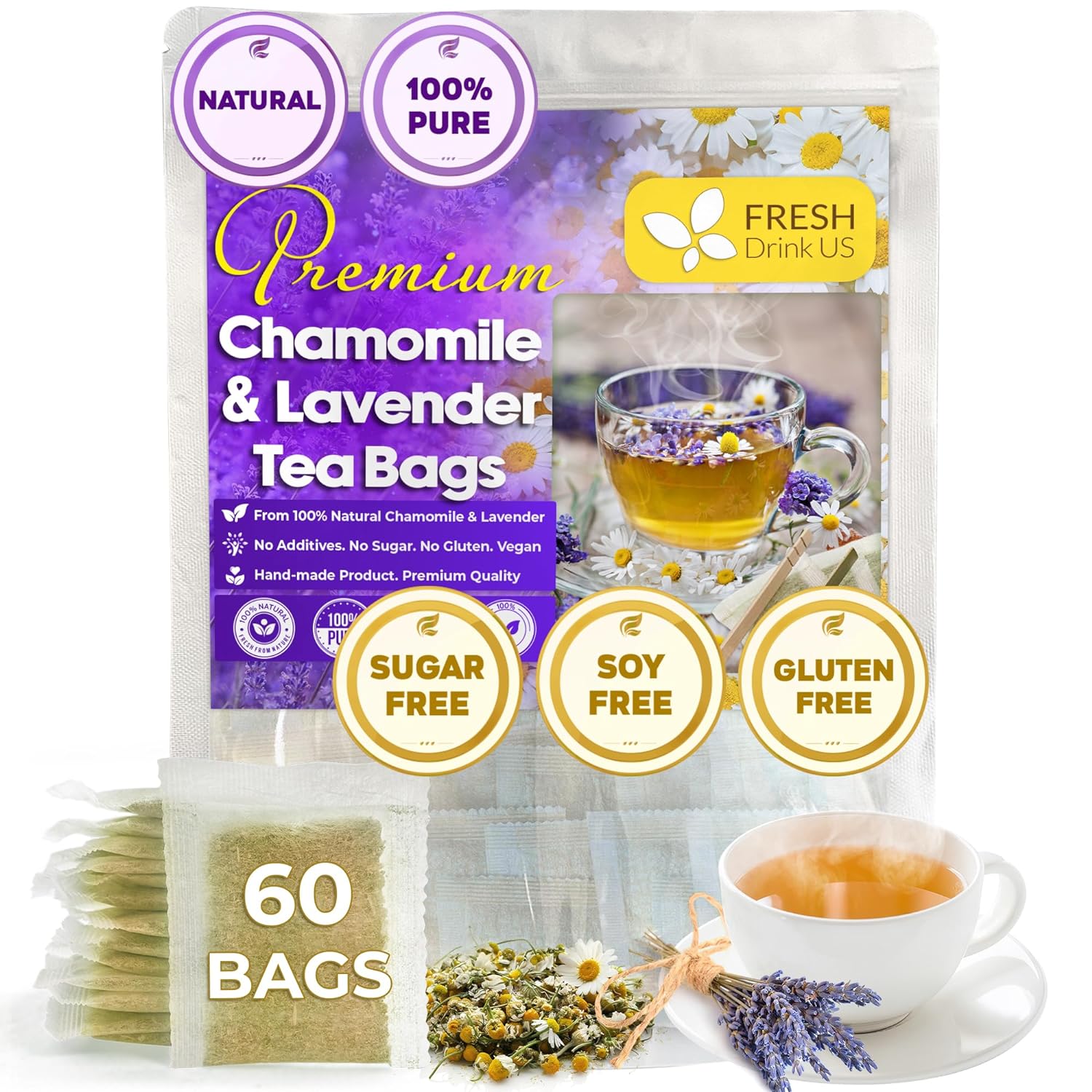 Premium Chamomile Lavender Tea Bags, Eco-conscious Tea Bags. No Sugar, No Caffeine, No Gluten, Vegan.