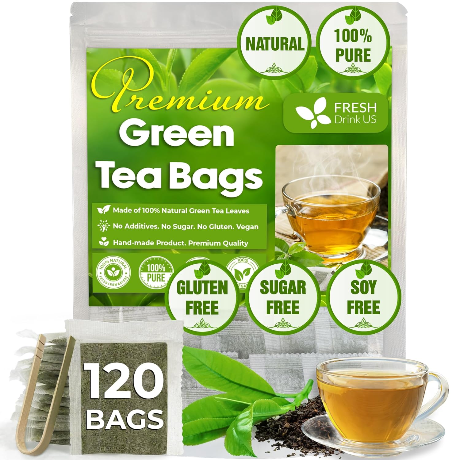 Premium Green Tea Bags, 100% Natural &amp;amp; Pure from Green Tea. Green Herbal Tea. No Sugar, No Gluten, Vegan