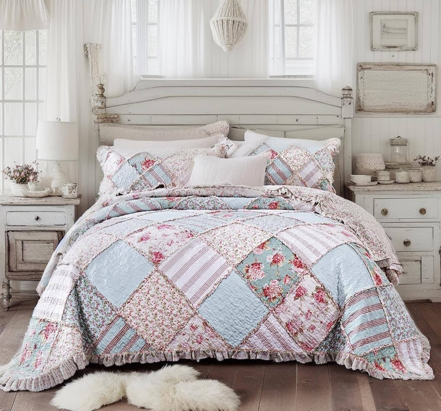DaDa Bedding Hint of Mint Floral Pastel Cotton Patchwork Ruffle Bedspread Set (JHW-3036)