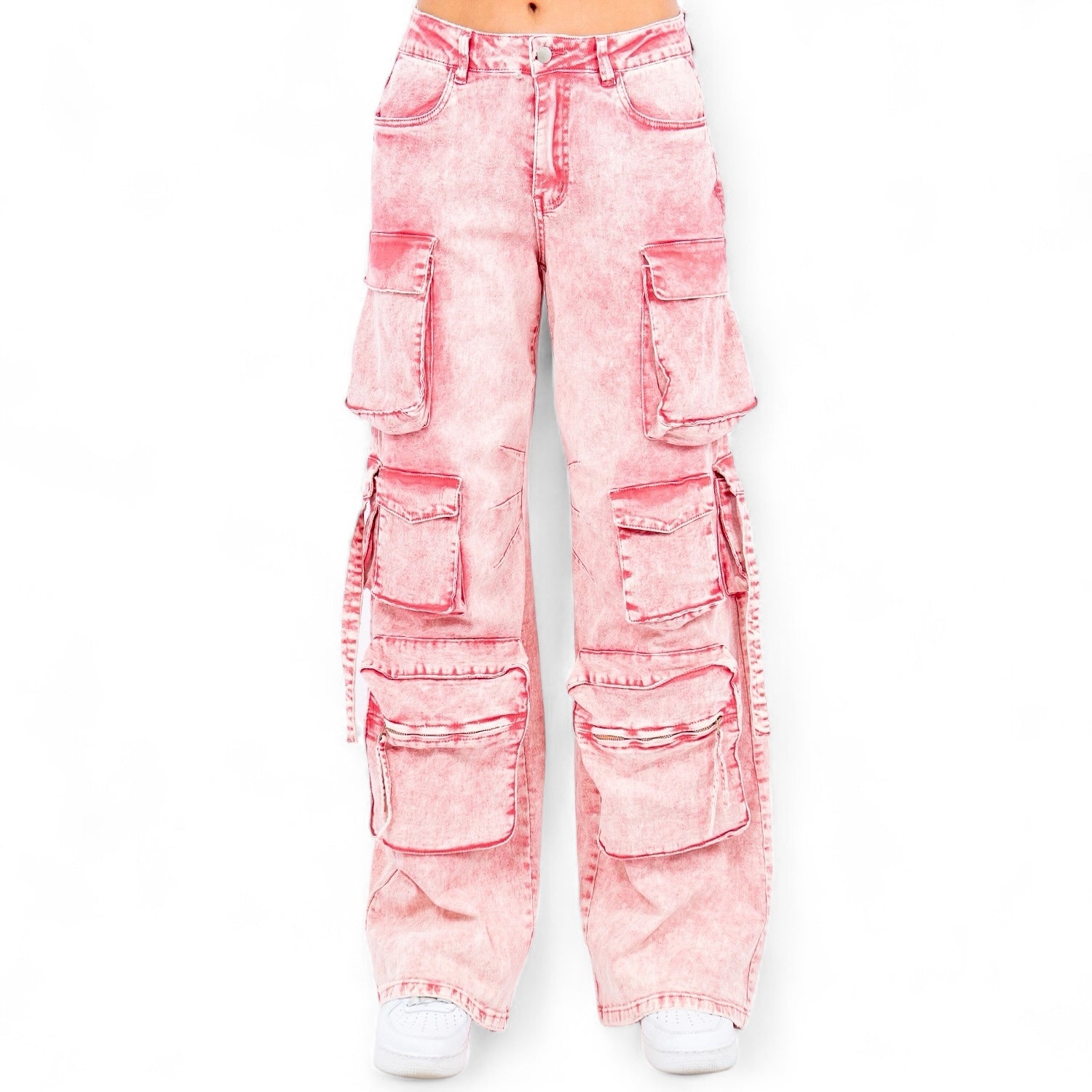 Multiple Pocket Acid Wash Denim Pants- RJH30665