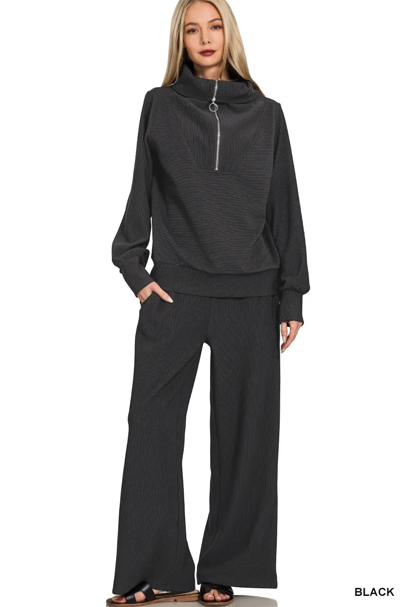 Zenana Ribbed High Neck Half Zip Pullover &amp;amp; Pants Set
