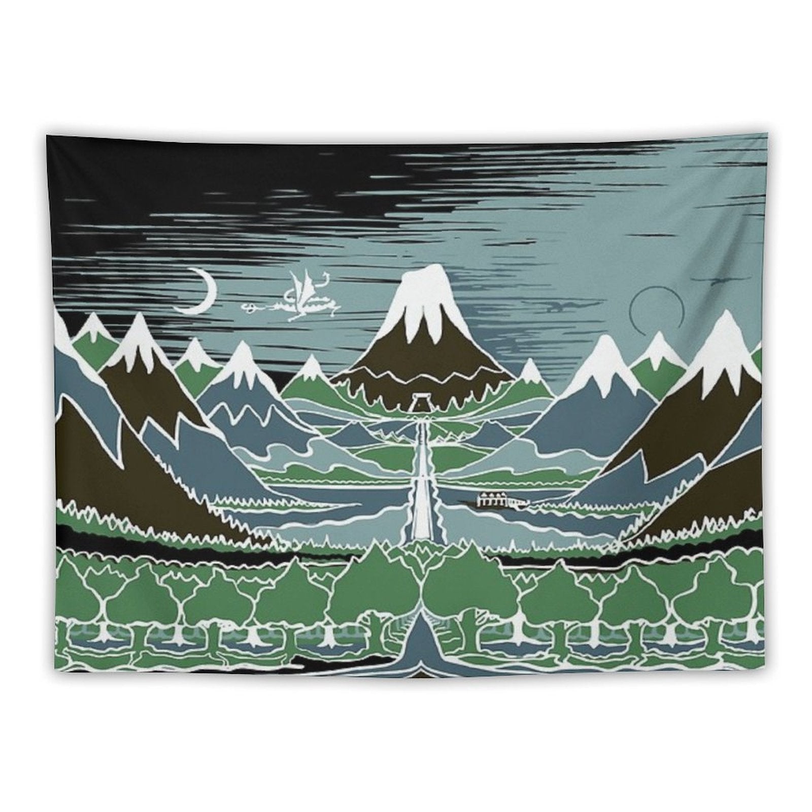 A Halflings Journey on A Mountain Path Through An Elven Wood in The Style of J.R.R.Tolkien Tapestry