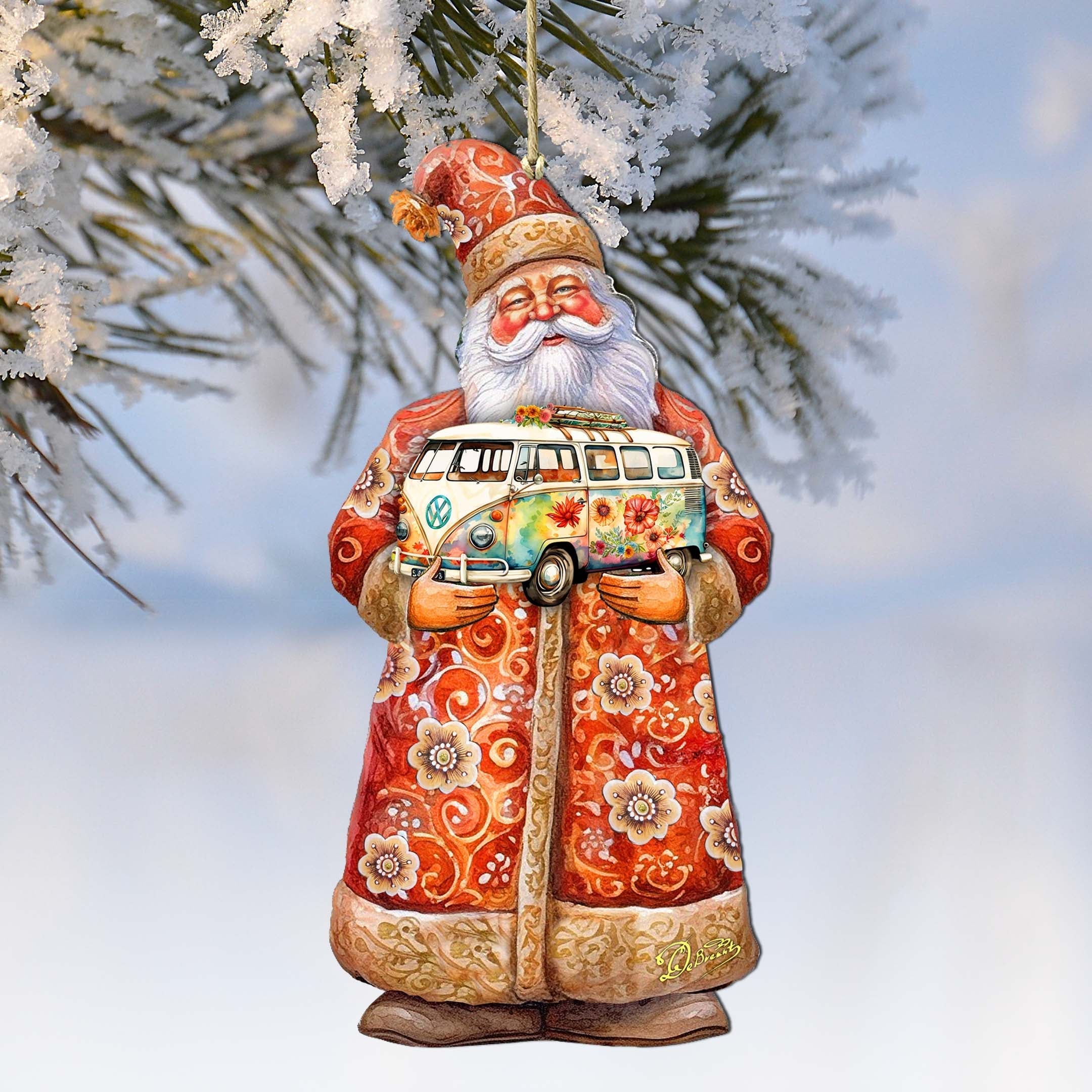 Santa with Van Wooden Ornaments by G. Debrekht - Christmas Santa Snowman Decor - 8691407