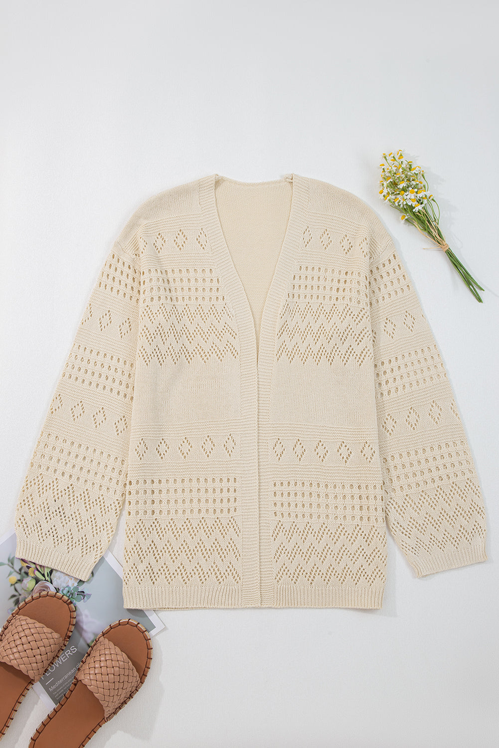 Solid Hollowed Knit Open Front Cardigan Sweater