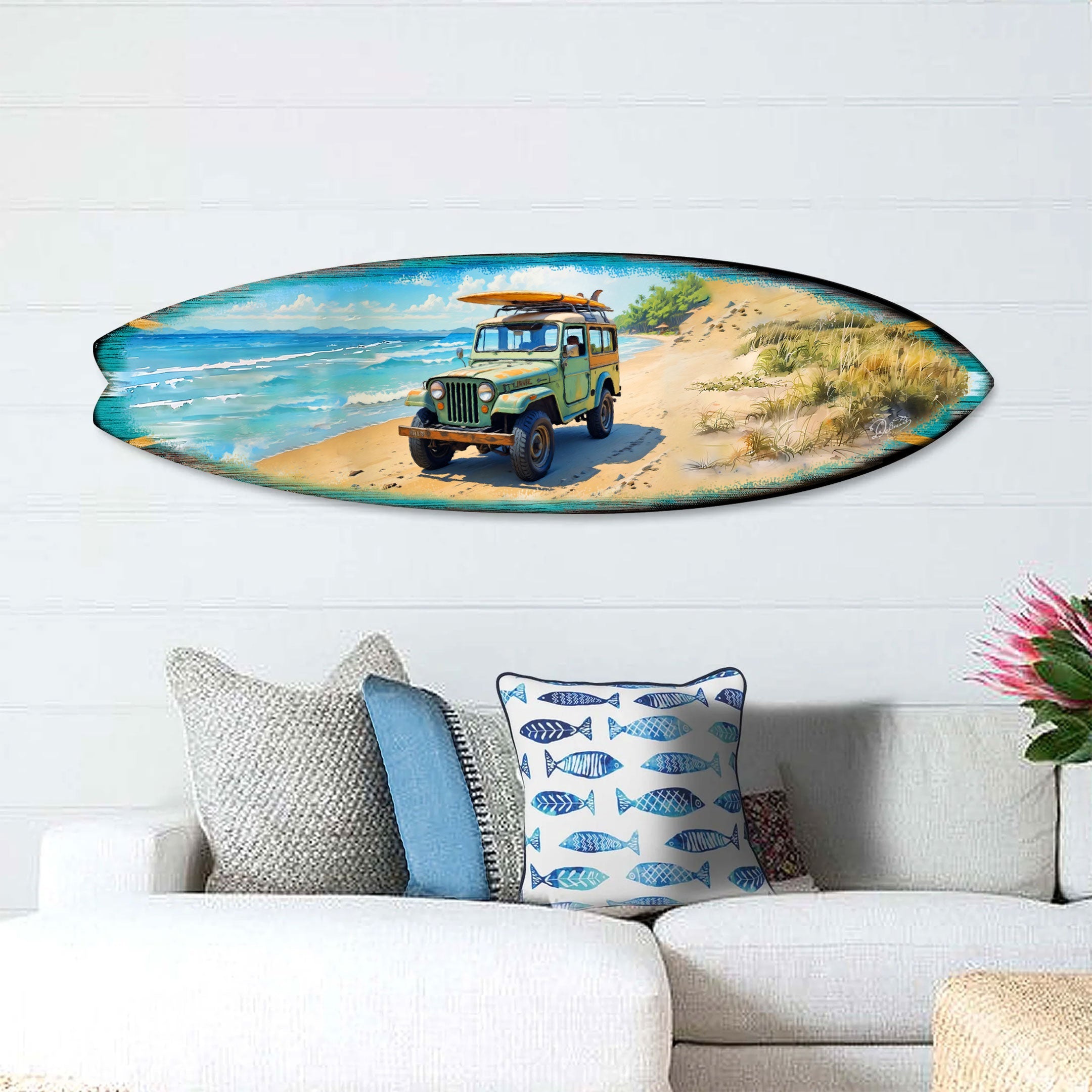 Vintage Beach Jeep Surfboard Wall Art – Handcrafted Coastal Decor for Beach House &amp;amp; Surf-Inspired Spaces - 8490143HS