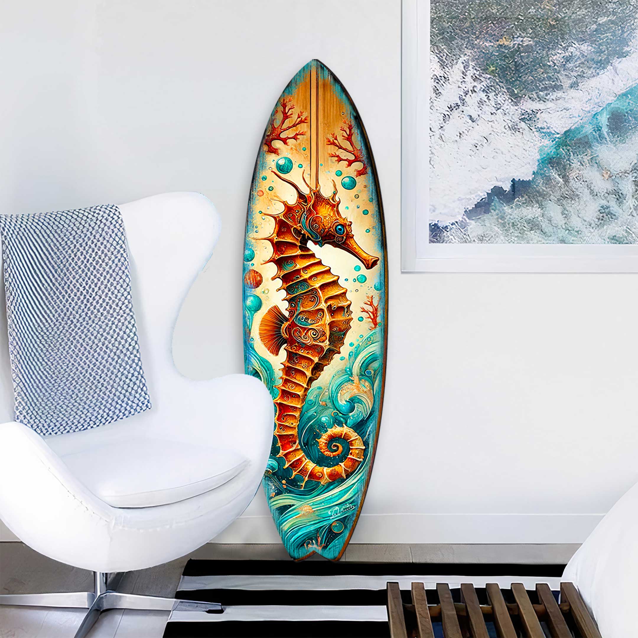 Seahorse Coastal Surfboard Wall Art – Handcrafted Wooden Ocean Decor by G.DeBrekht – Indoor Outdoor Beach House Accent – 8490147HS