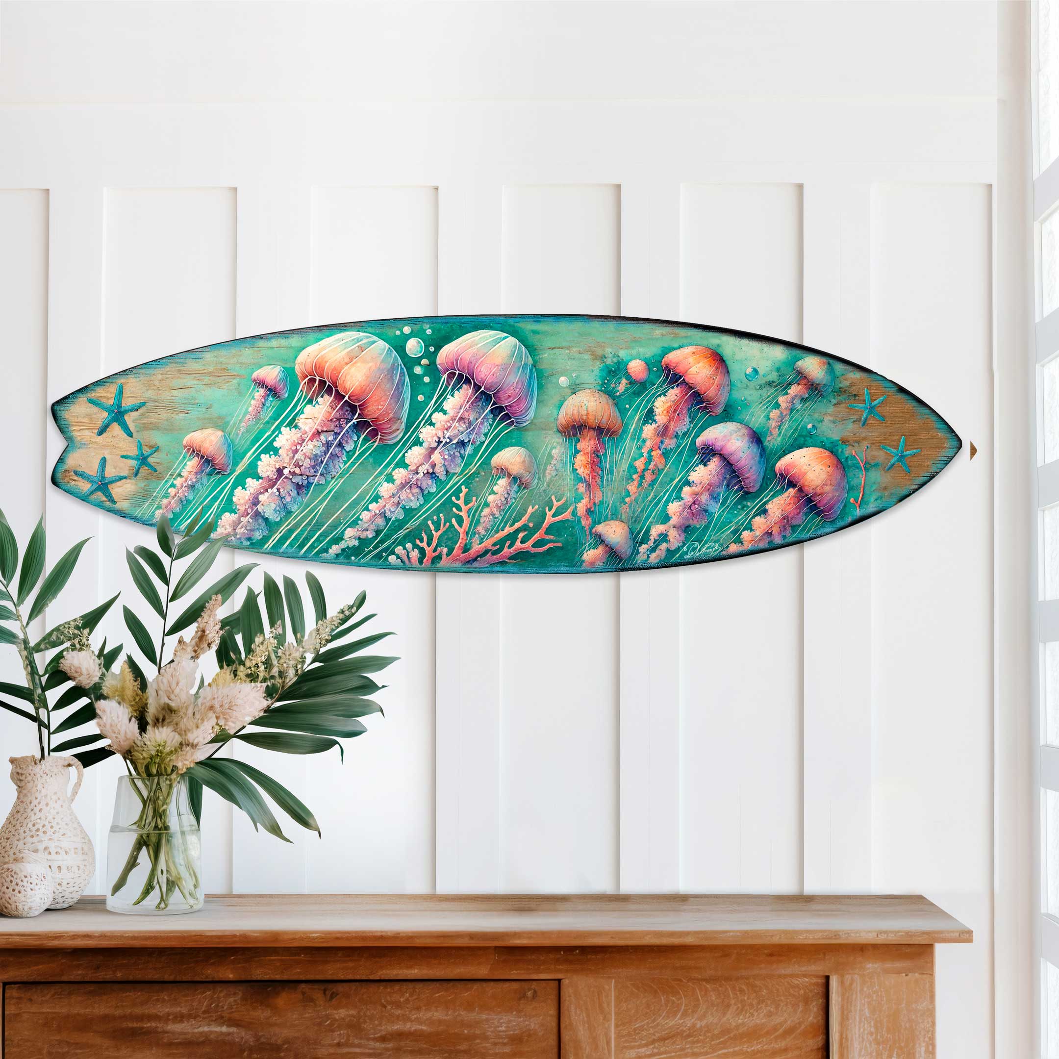 Jellyfish Surfboard Wall Art – Handcrafted Underwater Coastal Decor by G.DeBrekht – Ocean-Inspired Wooden Accent for Indoor &amp;amp; Outdoor – 8490153HS