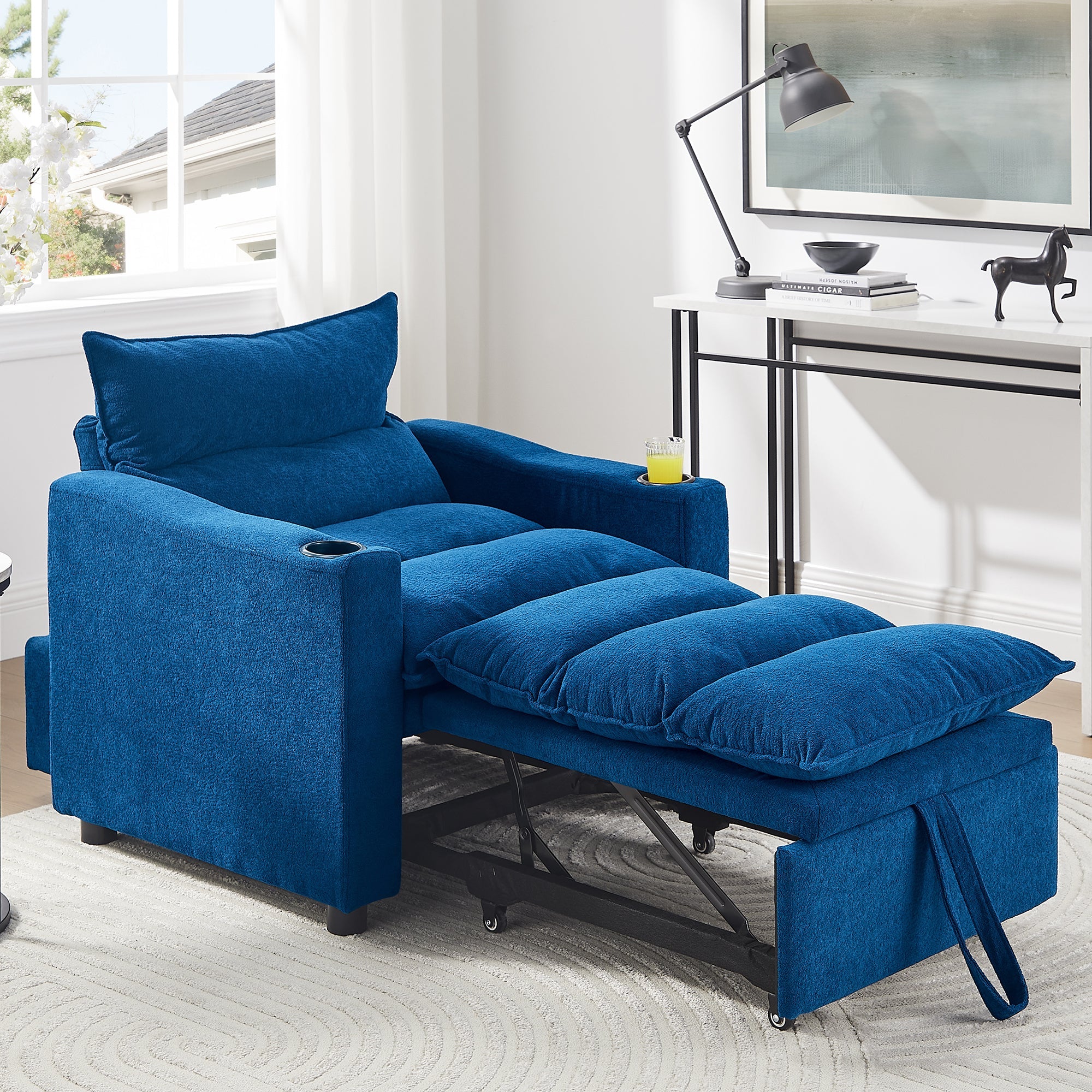 Sleeper Sofa Chair Bed, Convertible Sofa Chair 3-in-1, Adjustable Sleeper Chair Pullout Sofa Bed with Modern Velvet Fabric for Living Room Apartment Small Space, Blue