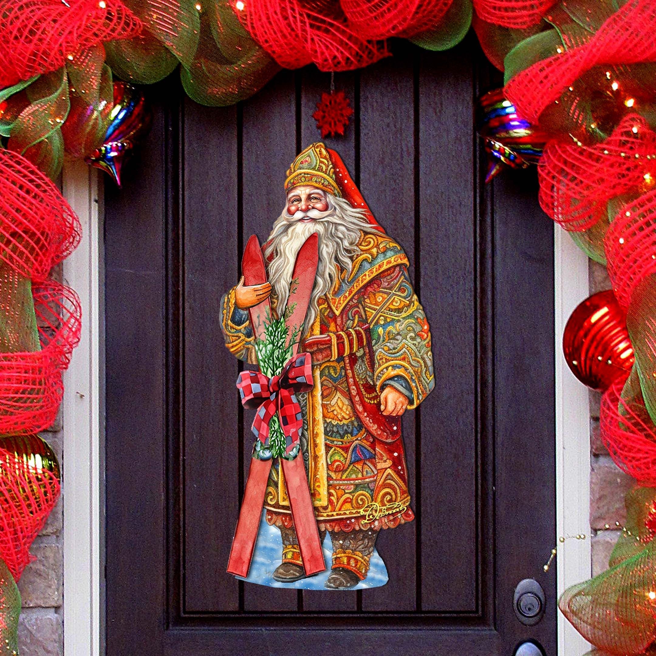 Santa&amp;#39;s Skiing Adventure Holiday Door Decor by G. Debrekht - Christmas Santa Snowman Decor - 8691403H