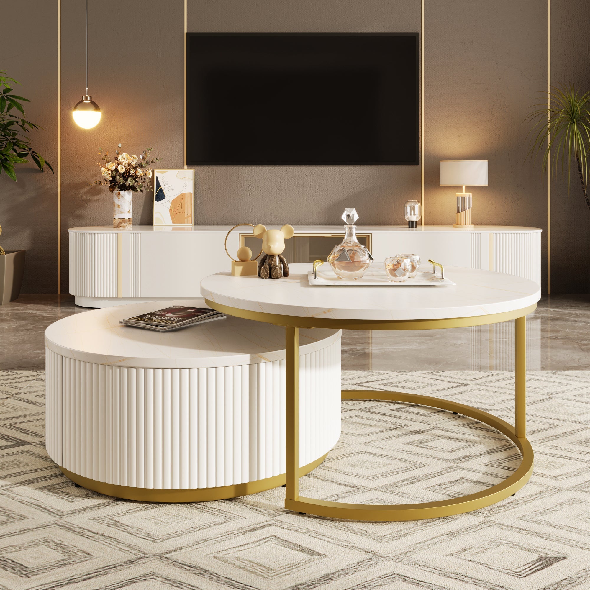 Modern Round Nesting Coffee Table Fluted with Drawer in White &amp;amp; Gold in 31.5&amp;#39;&amp;#39;