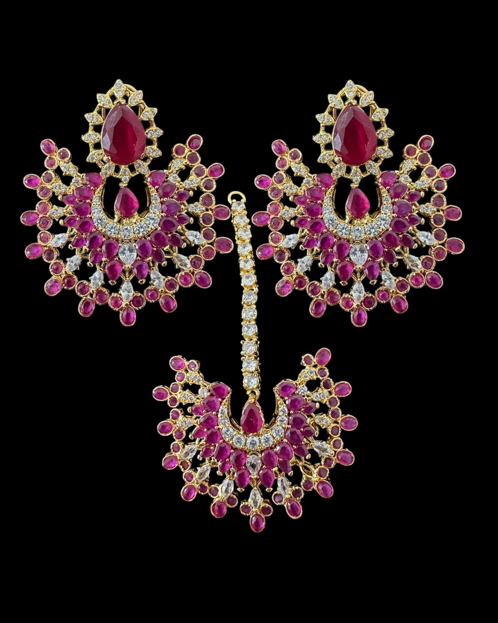 DJET96 Subhana gold plated chandbali earrings tika set  -Ruby ( READY TO SHIP )