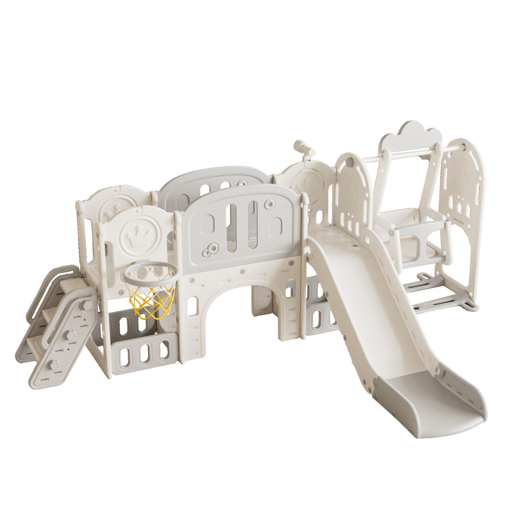 Versatile Toddler Slide with 11-in-1 Activity Center, Grey+Ivory, Polyethylene, 116.54in