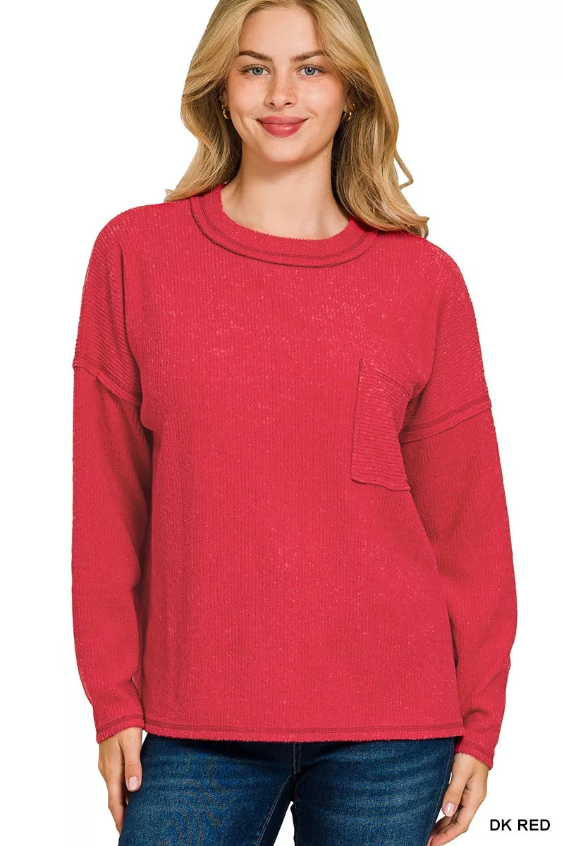 Zenana Ribbed Brushed Melange Hacci Sweater with Chest Pocket