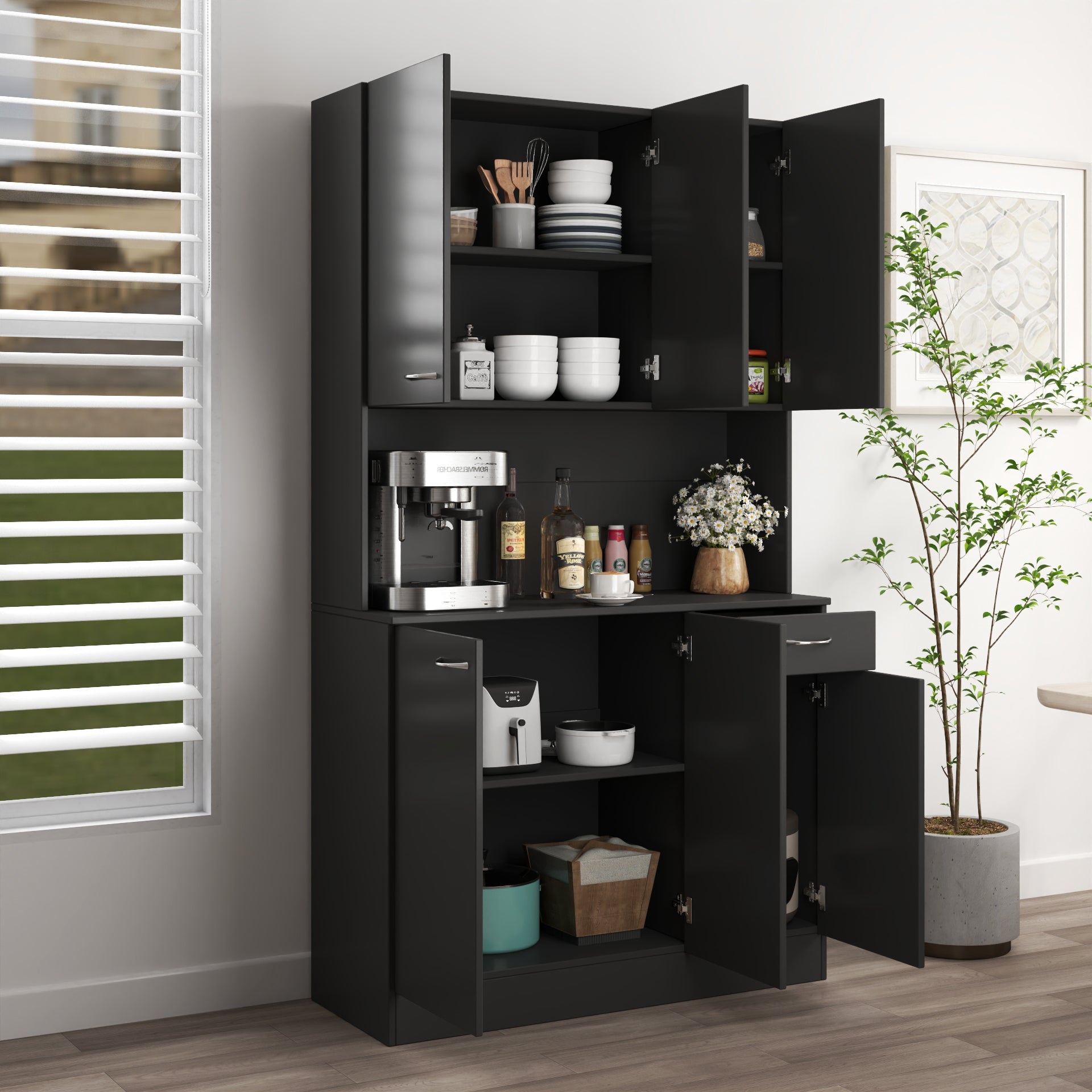70.87&amp;#39; Tall Wardrobe&amp;amp; Kitchen Cabinet, with 6-Doors, 1-Open Shelves and 1-Drawer for bedroom,Black