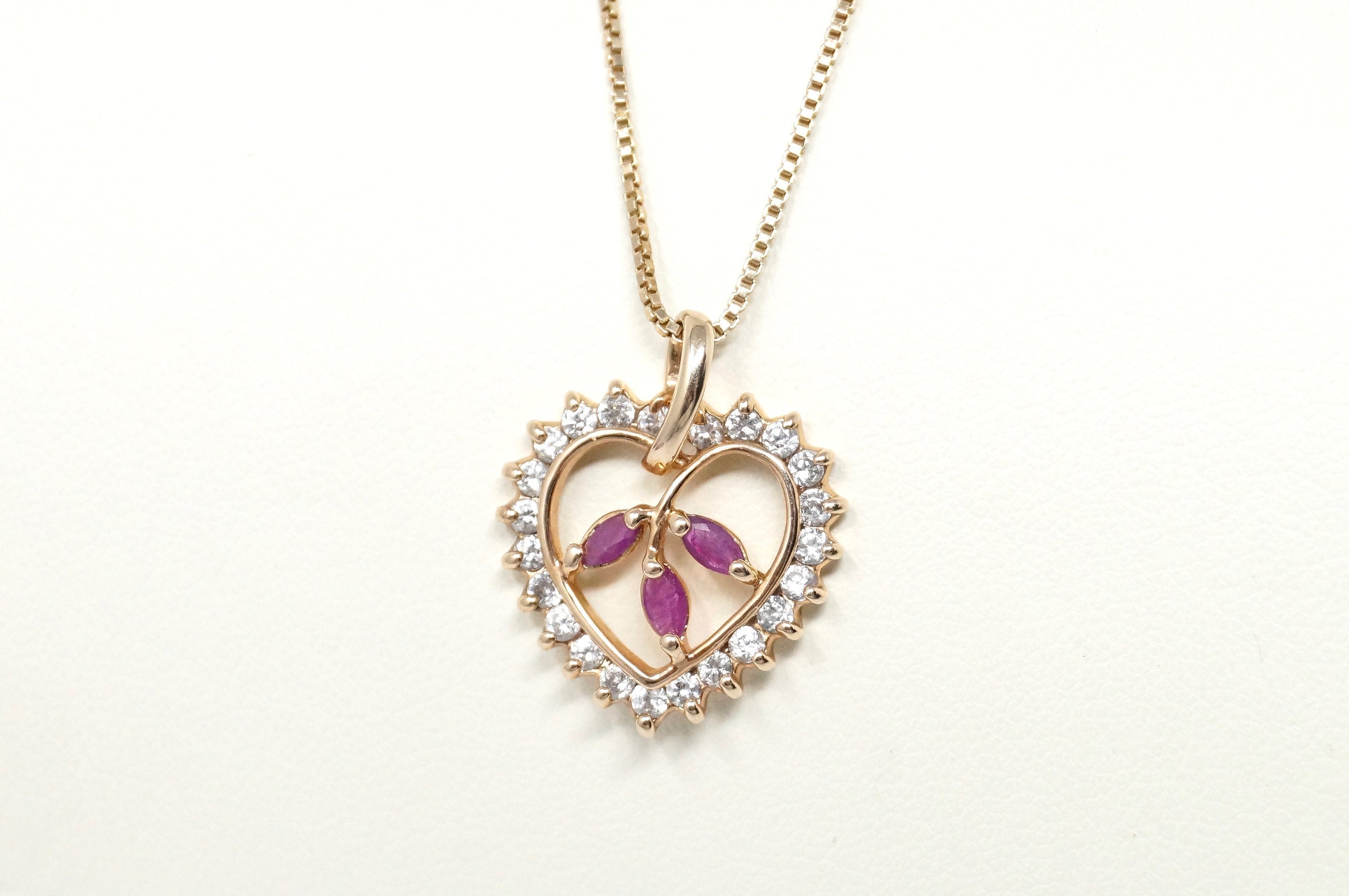 Vtg Ruby Simulated Heart Accented Rose Gold Vermeil Sterling Silver Necklace 18&amp;quot;