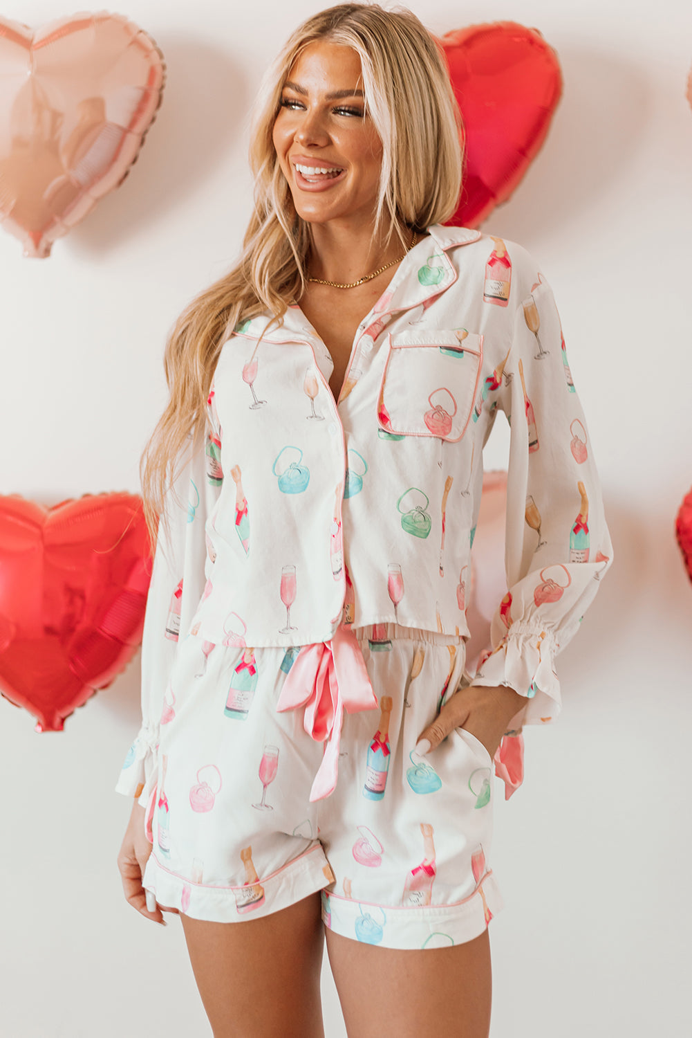 Christmas Wine Glass Bow Knot Pajama Set