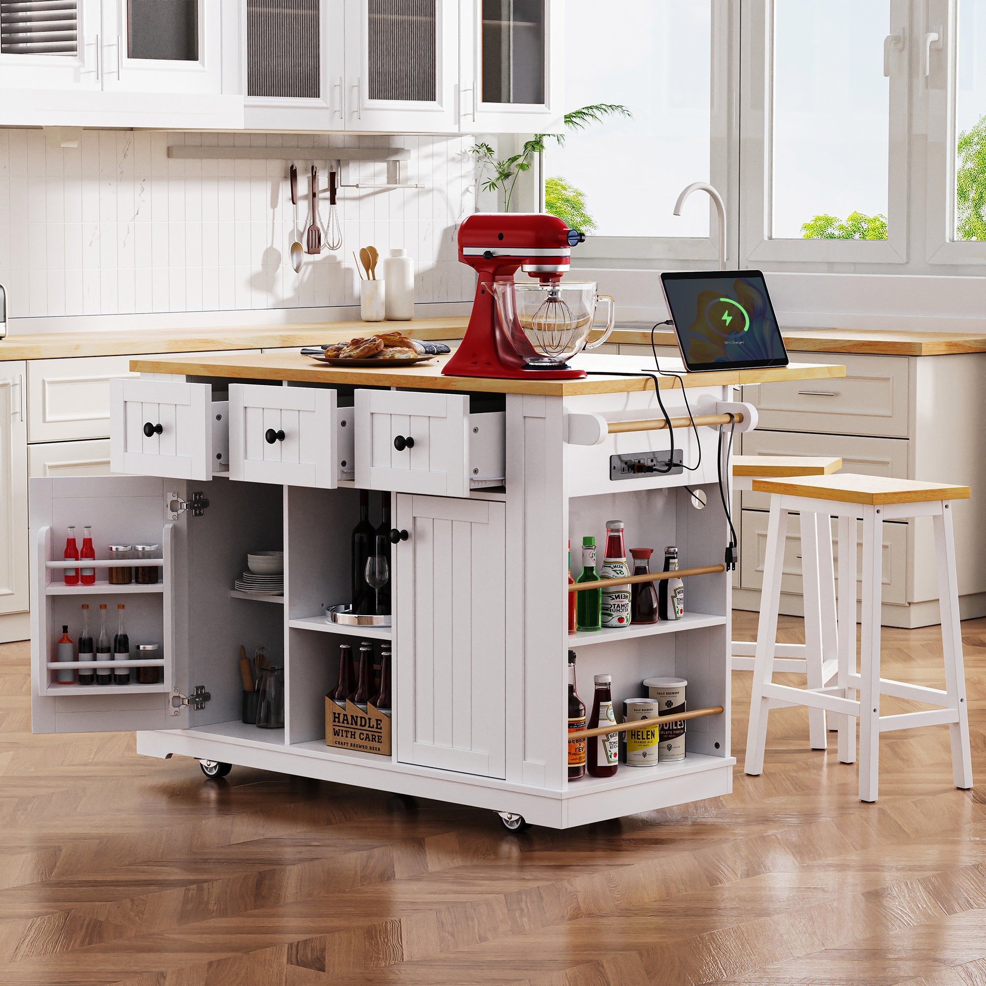 K&amp;amp;K 53inch Large Kitchen Island with 2 Bar Stools, Power Outlet,Door Internal Storage Rack, Kitchen Storage Cart on 5 Wheels with Drop Leaf, 5 Open Side Racks, 3 Drawers, for Kitchen,Dining Room,White