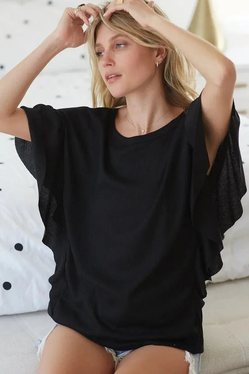 Knit Ruffle Sleeve Women&amp;#39;s Thermal Top USA Shipped!