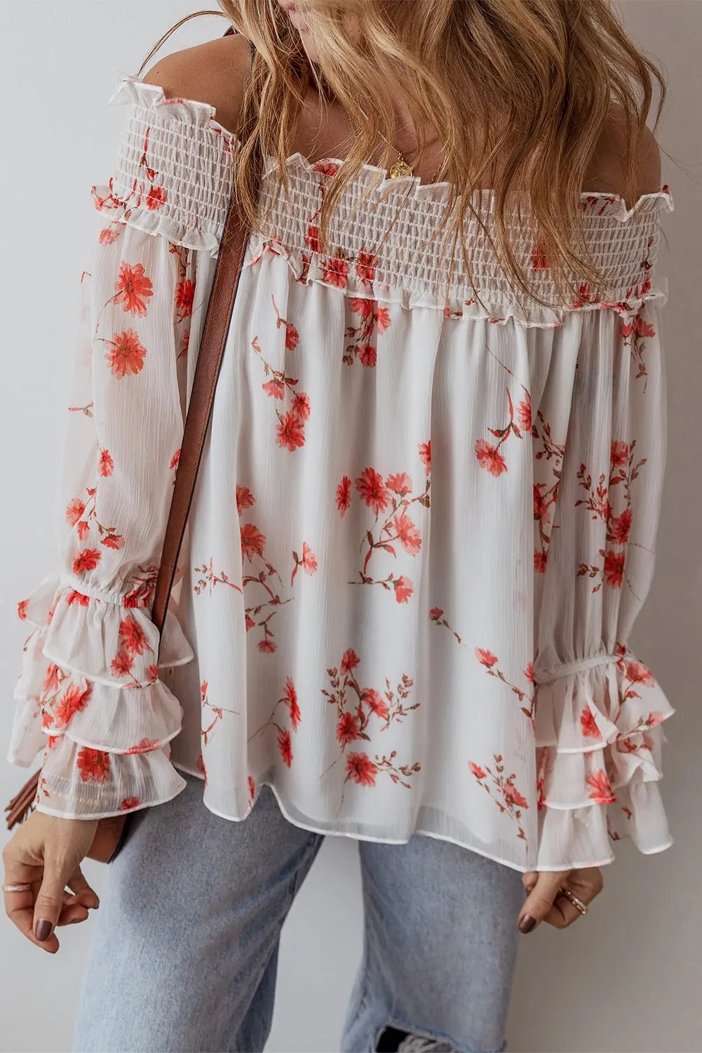 Threaded Pear Floral Blouse Women&amp;#39;s Daily Wear Top Ruffle Sleeve Off Shoulder