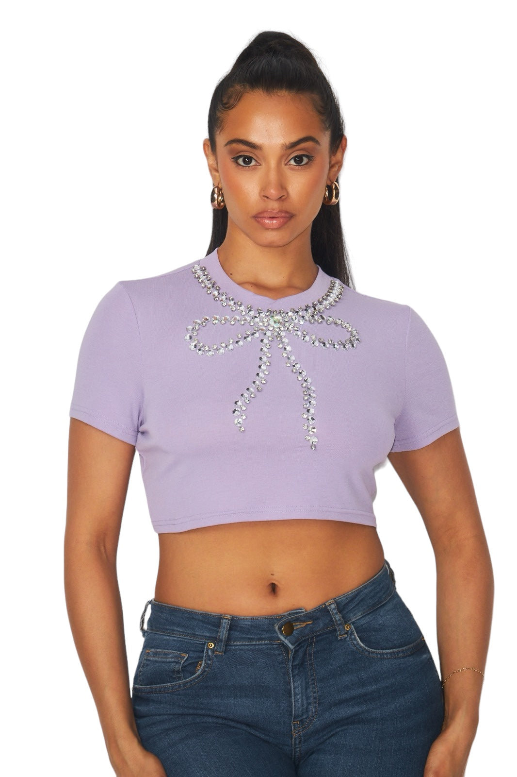 Rhinestone Bow Trim Crop Top