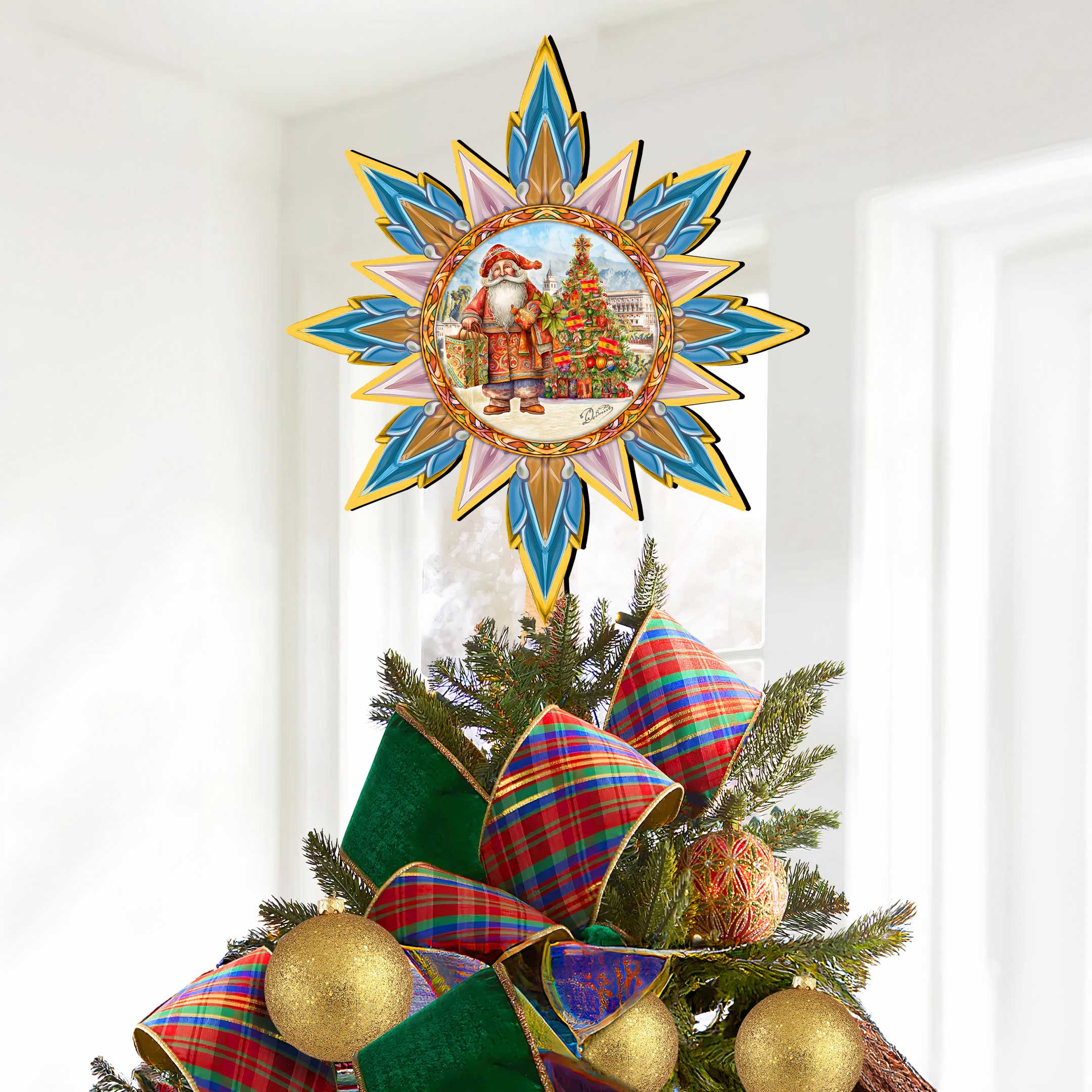 Spanish-inspired Santa Tree Topper Wooden Décor by G. Debrekht  - Santa Snowman Décor - 89524