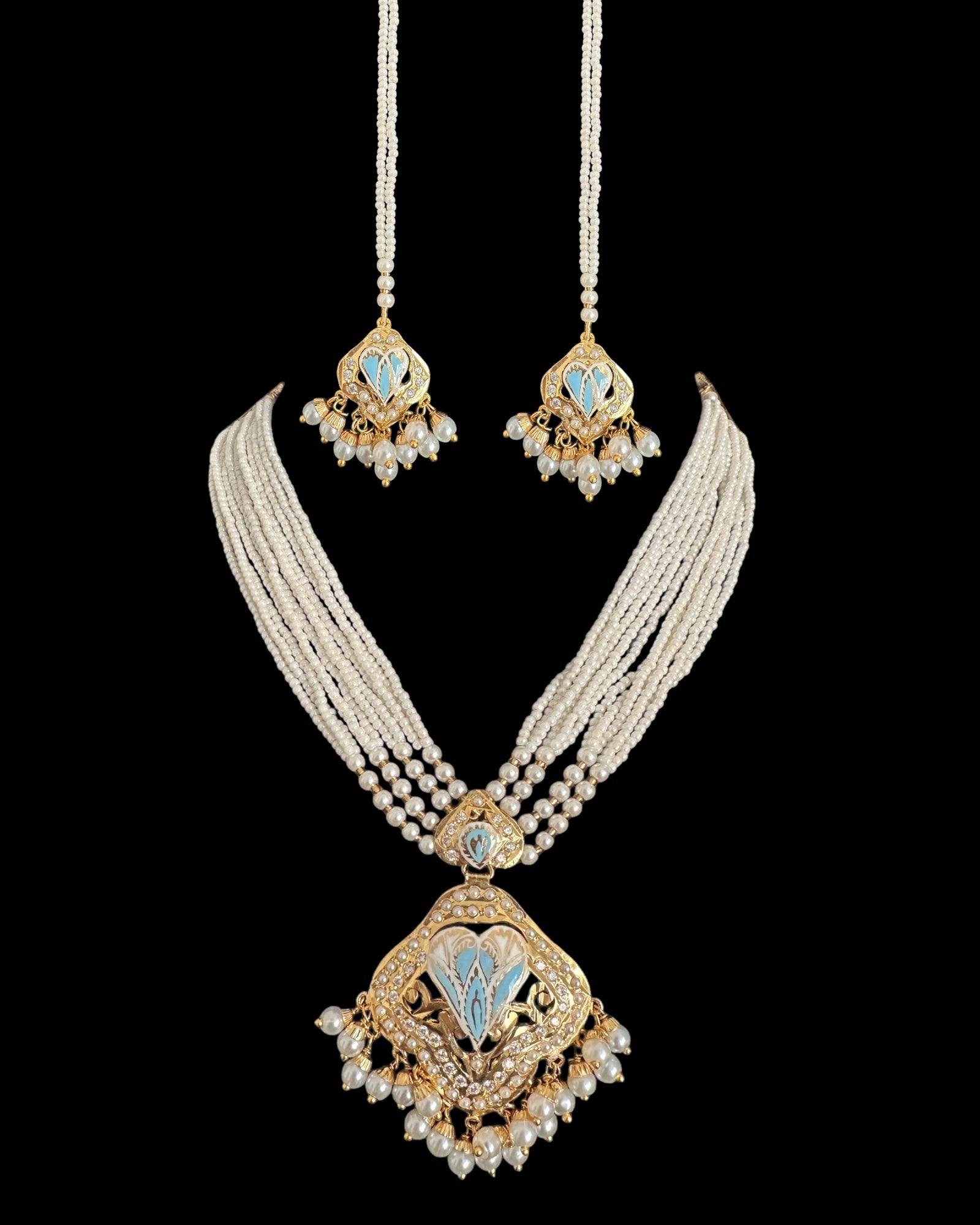 DNS191 punjabi Jadau necklace  set - mint blue&amp;amp;pearl    (READY TO SHIP)