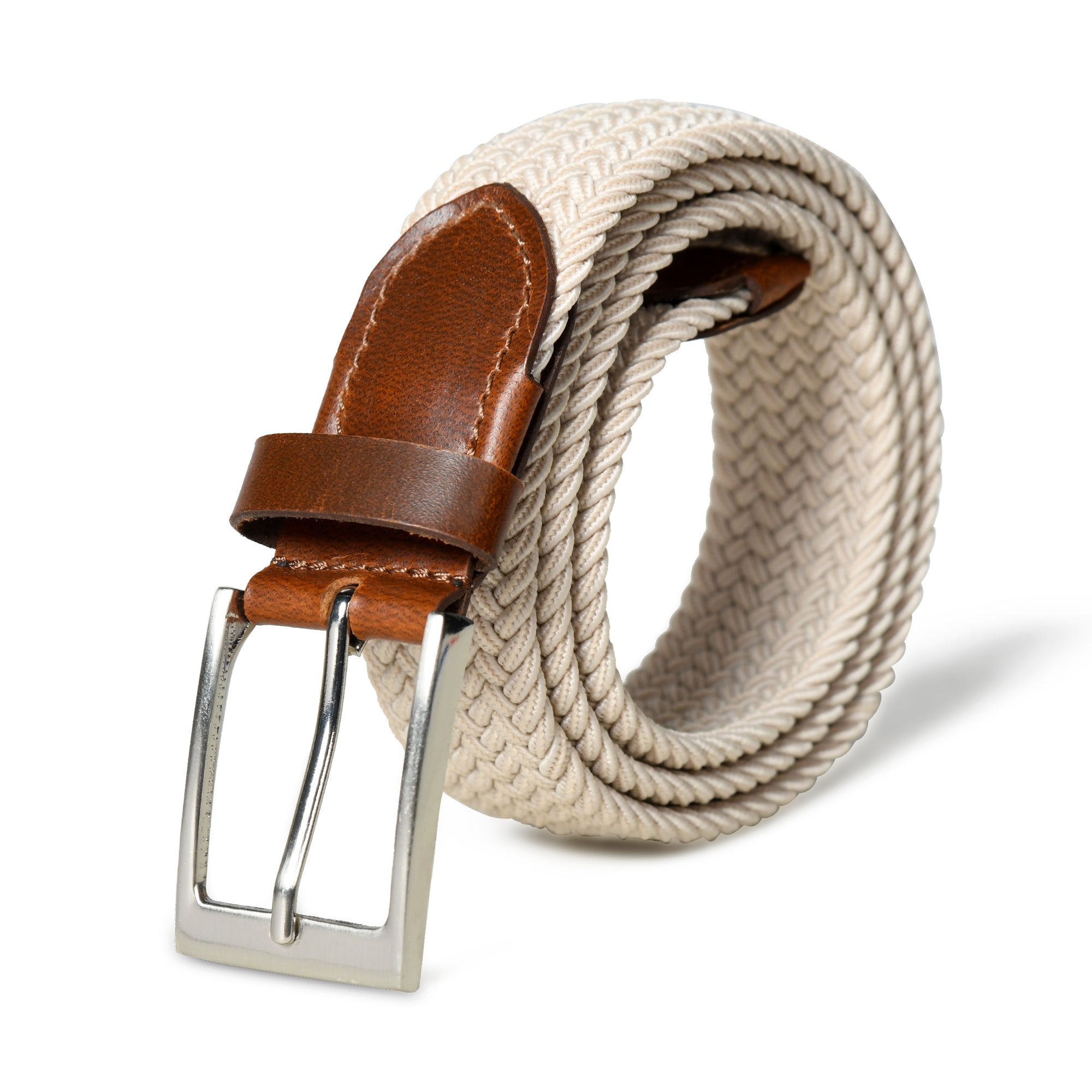 Cream &amp;amp; Brown Braided Canvas Leather Belt