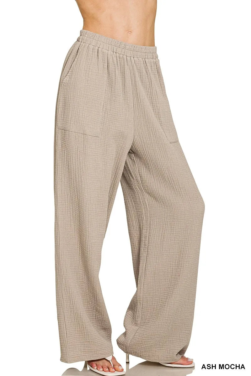 Zenana Double Gauze Elastic Band Pants