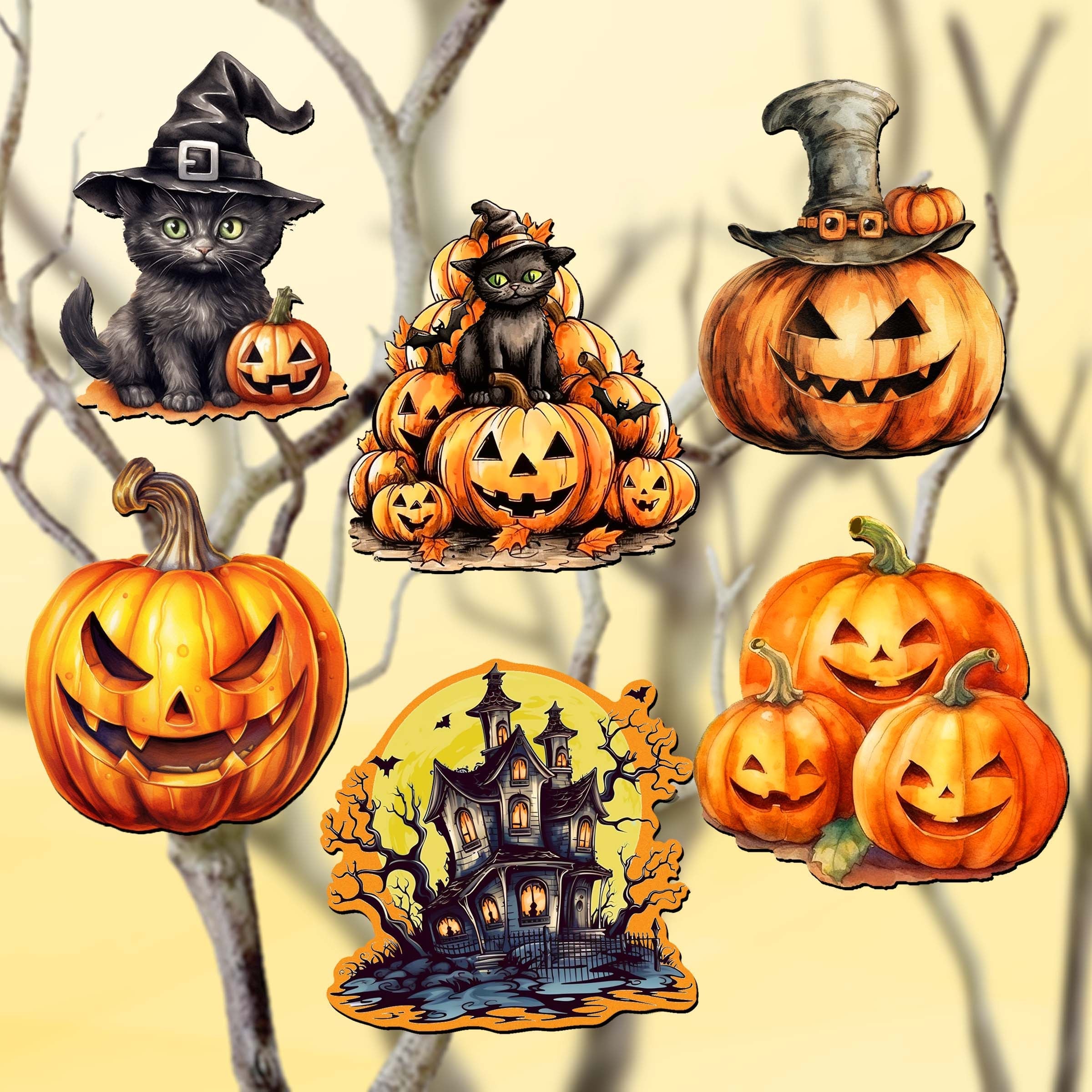 Spooky pumpkins Clip-On Eco Wood Decorative Ornaments Set of 6 by G. Debrekht - Halloween Decor - 8090019C-S6