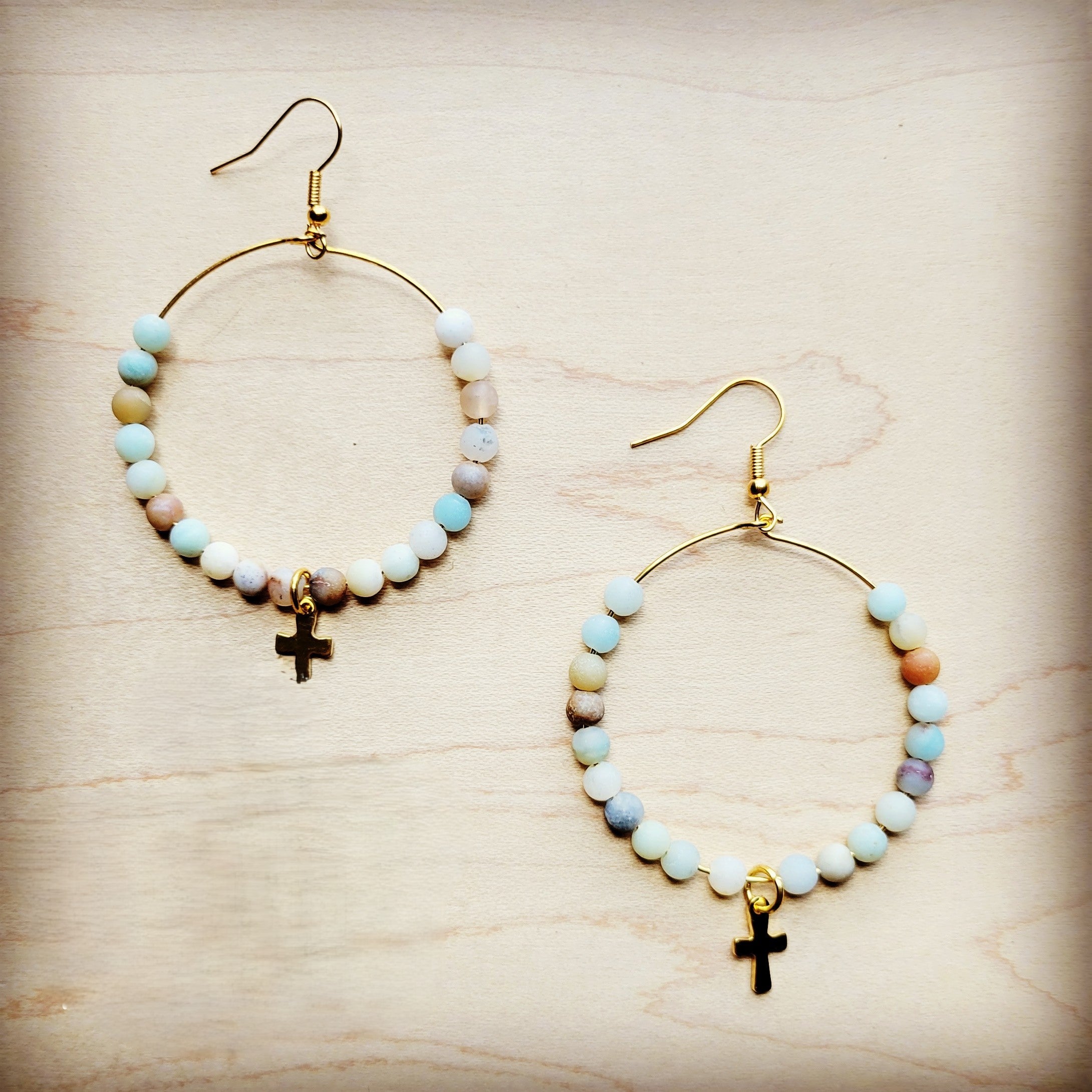 Beaded Hoop Earrings- Amazonite w/ Cross Dangle 215f