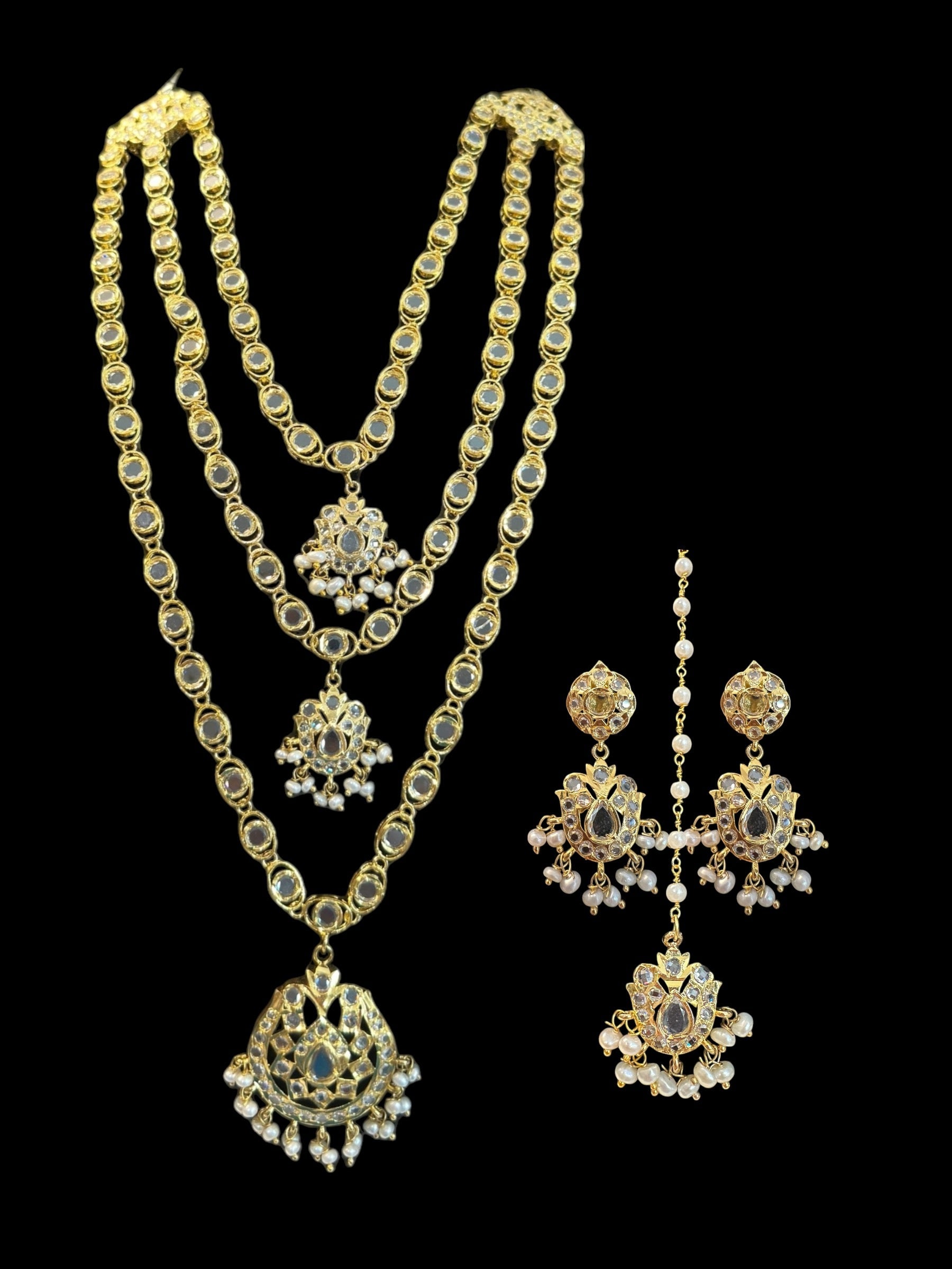 SAT105 Mallika hyderabadi three layer necklace set in fresh water pearls ( READY TO SHIP )