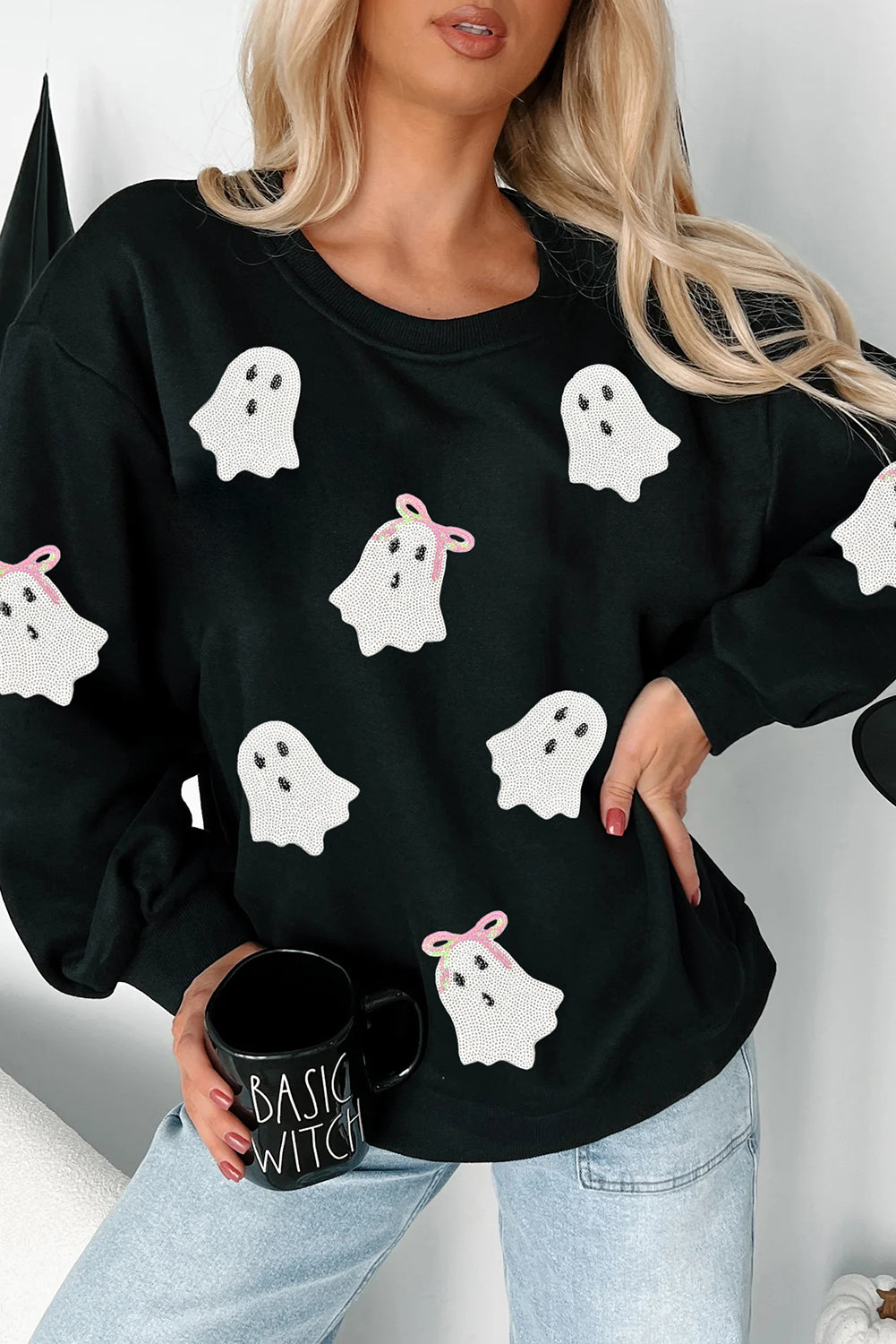 Black Sequin Bow Ghost Graphic Crew Neck Sweatshirt