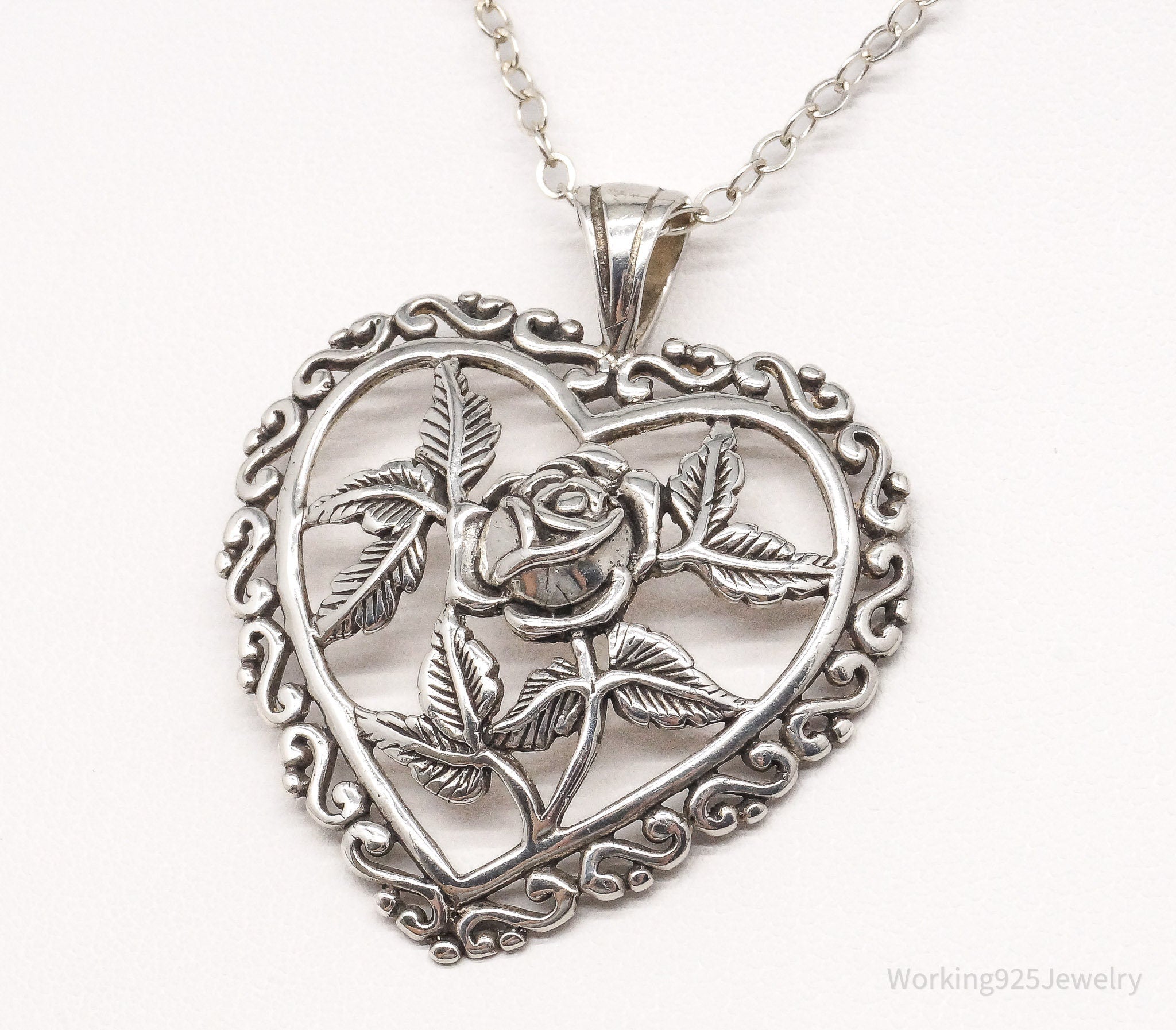 Vintage Large Rose Heart Sterling Silver Necklace 23&amp;quot;
