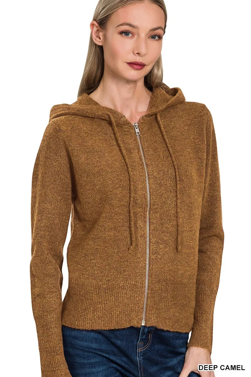 Zenana Drawstring Zip Up Hooded Cardigan