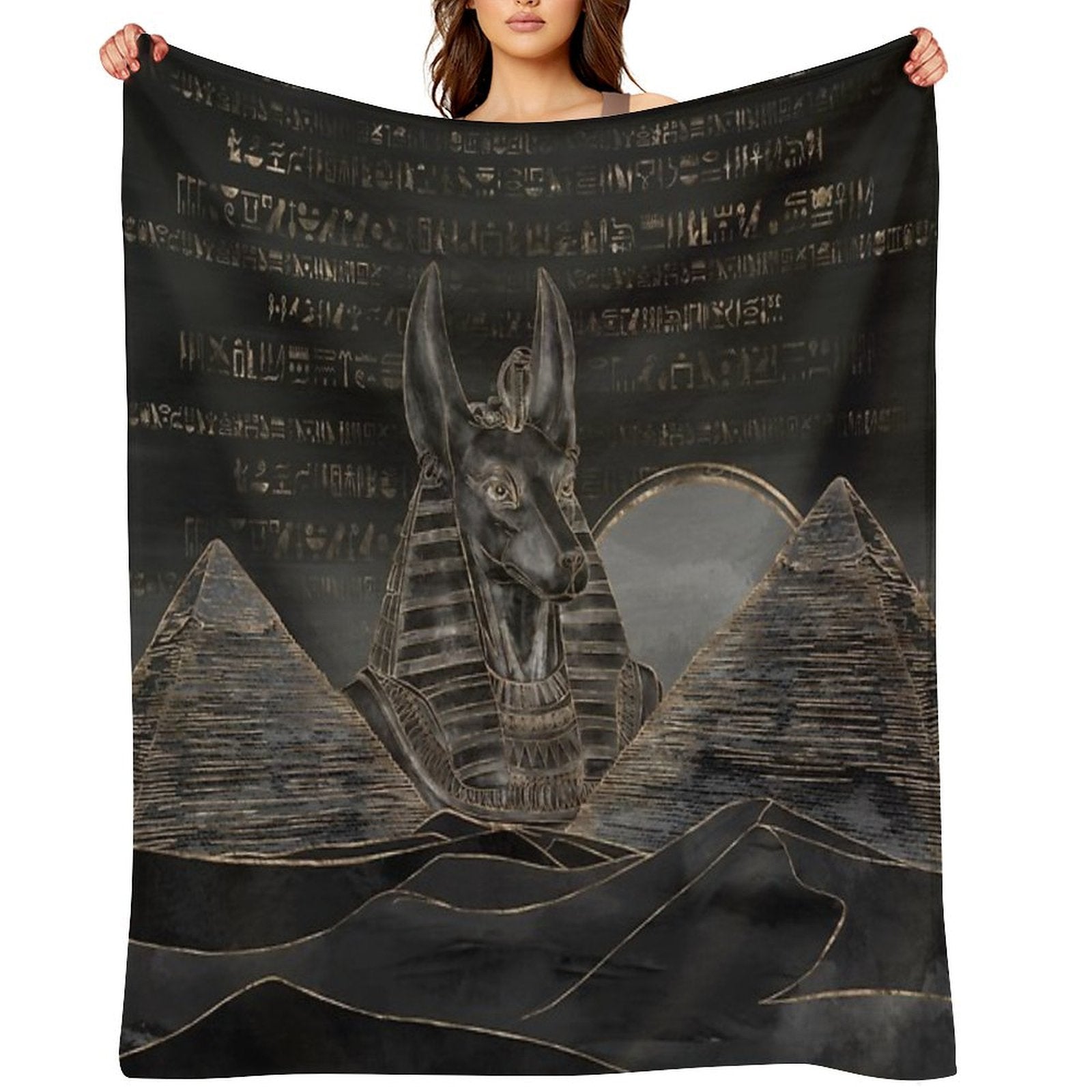 Anubis on Egyptian Pyramids Landscape Throw Blanket