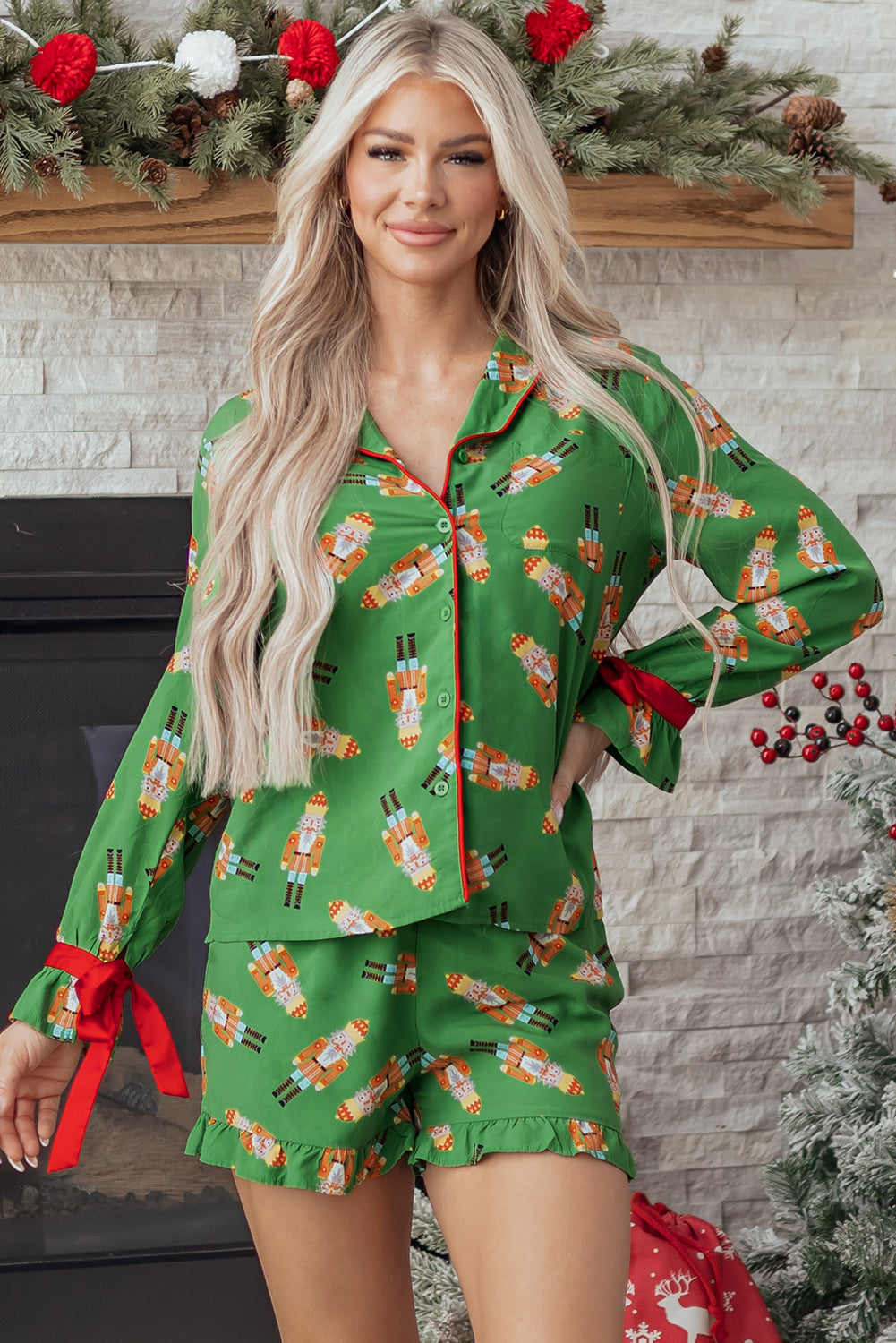 Christmas Bow Top and Ruffle Shorts Pajama Set